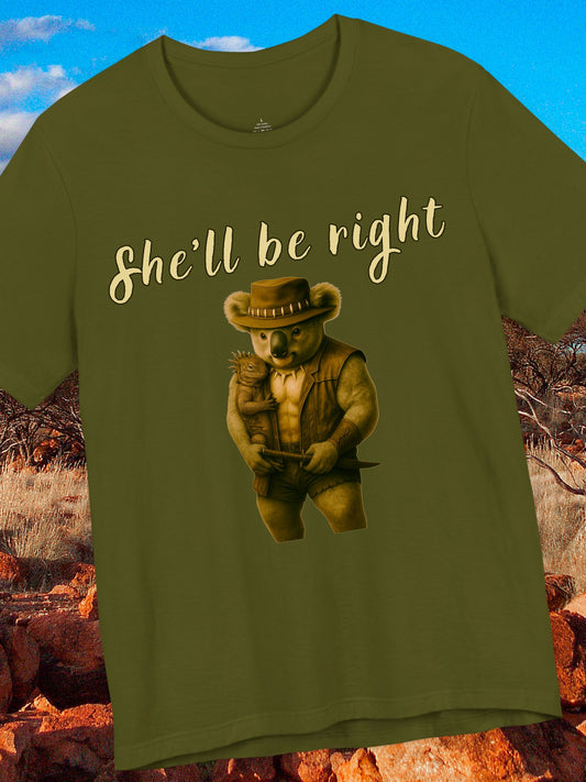 'She'll be right' Koala cuddling an iguana graphic - Unisex T-Shirt, Australian Gift