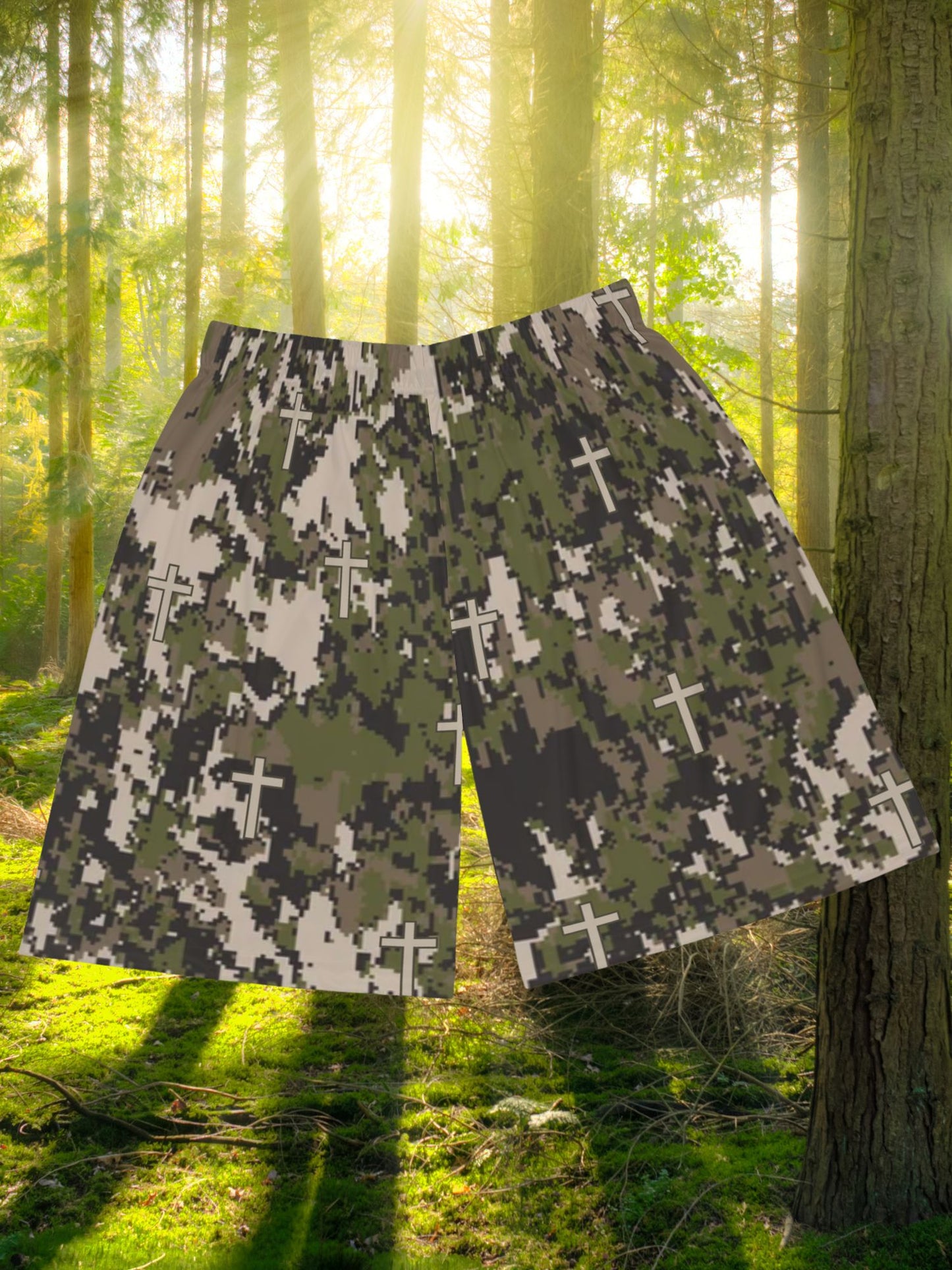 Basketball Shorts, Camouflage Shorts with Cross Design for Christian, Sportswear for Men, Summer Activewear, Gifts for Athletes