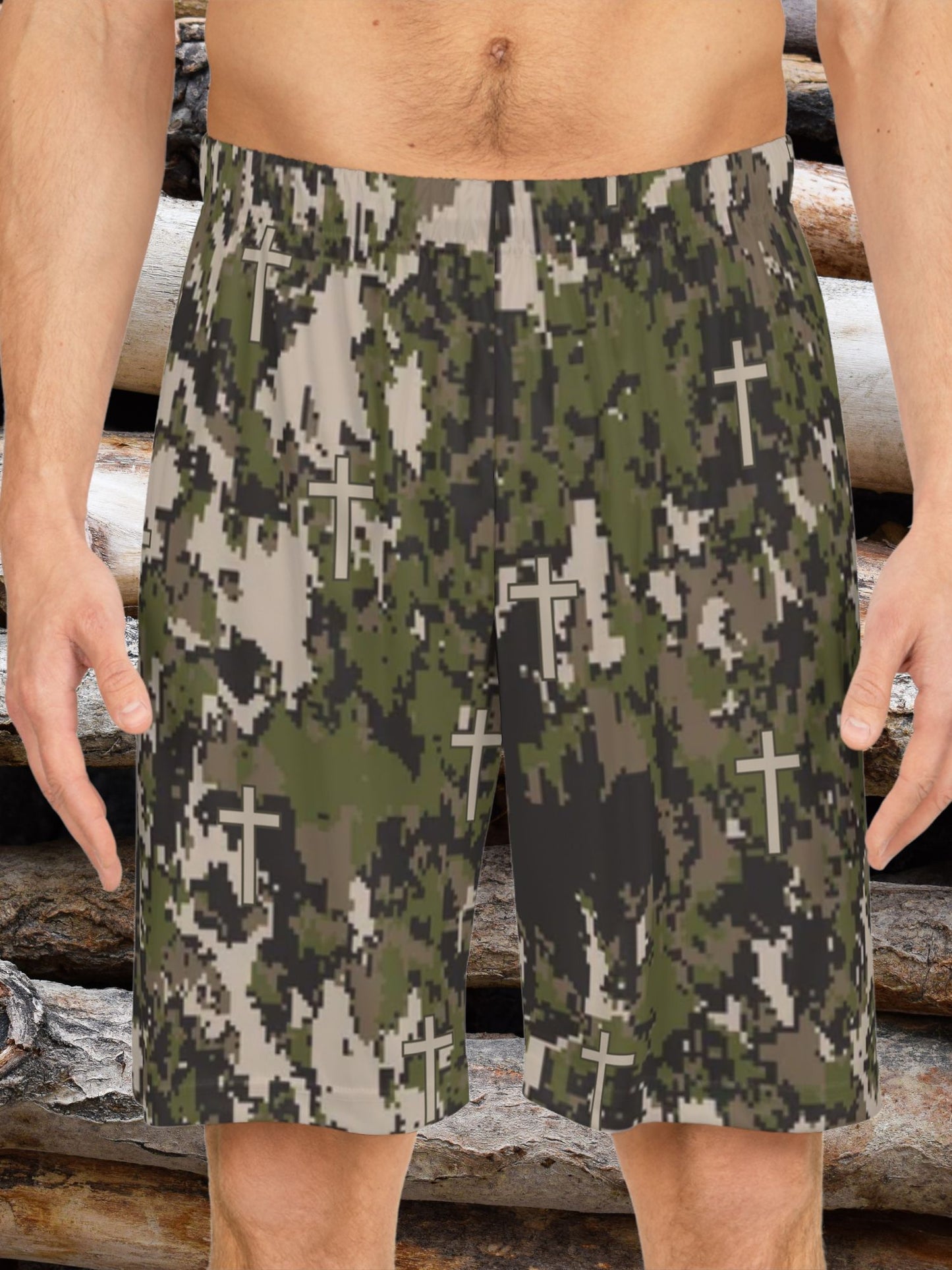 Basketball Shorts, Camouflage Shorts with Cross Design for Christian, Sportswear for Men, Summer Activewear, Gifts for Athletes