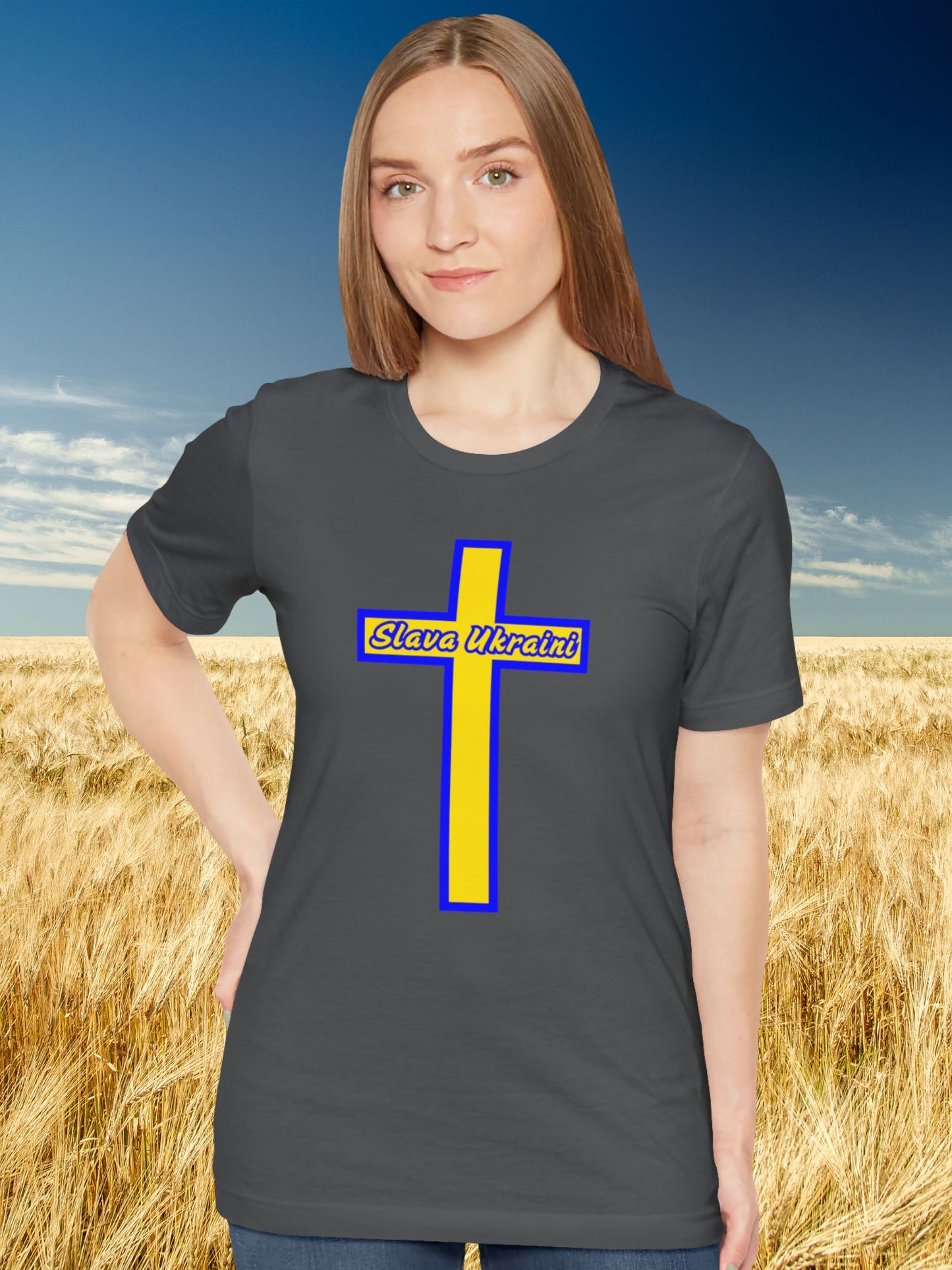'Slava Ukraini' Inside Blue and Gold Cross Graphic (Front) Unisex T-Shirt, Ukrainian Pride Tee