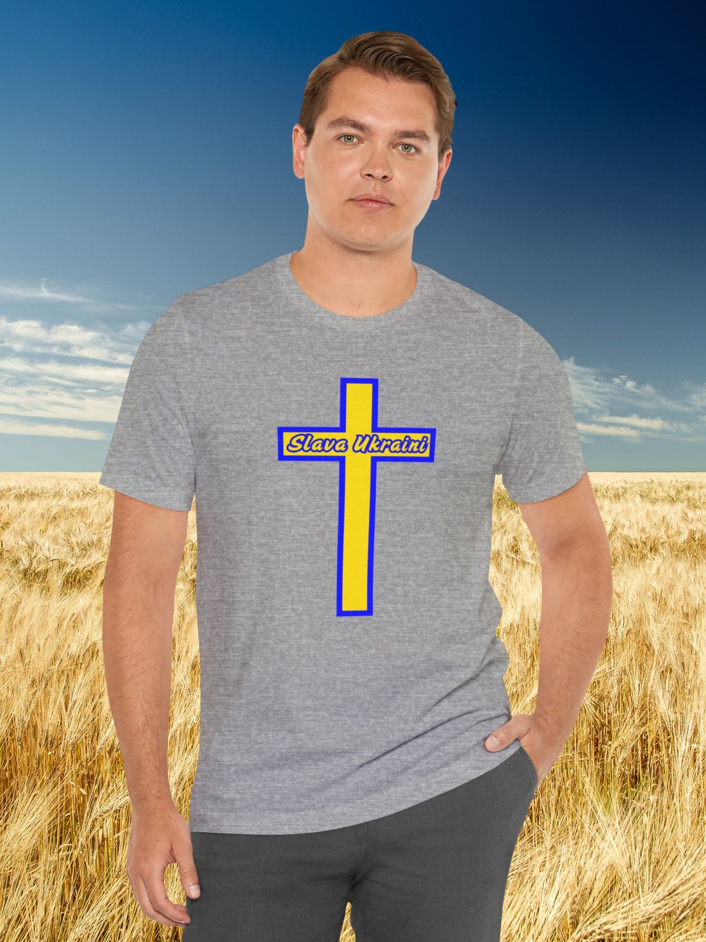 'Slava Ukraini' Inside Blue and Gold Cross Graphic (Front) Unisex T-Shirt, Ukrainian Pride Tee