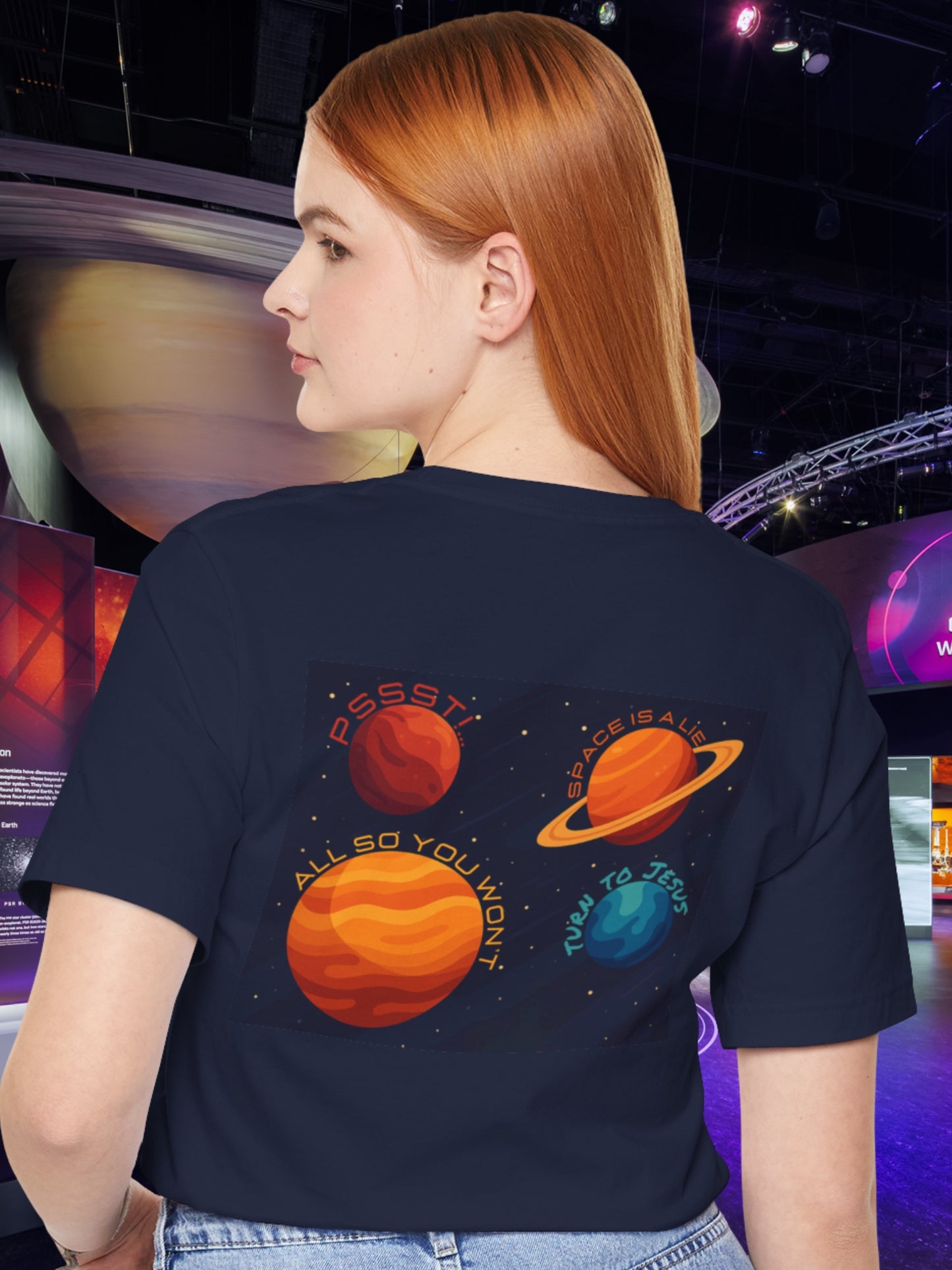 'PSSST! Space is a Lie, all so you won't turn to Jesus' Planet Graphic Unisex T-Shirt, Jesus Tee, Christian Apparel