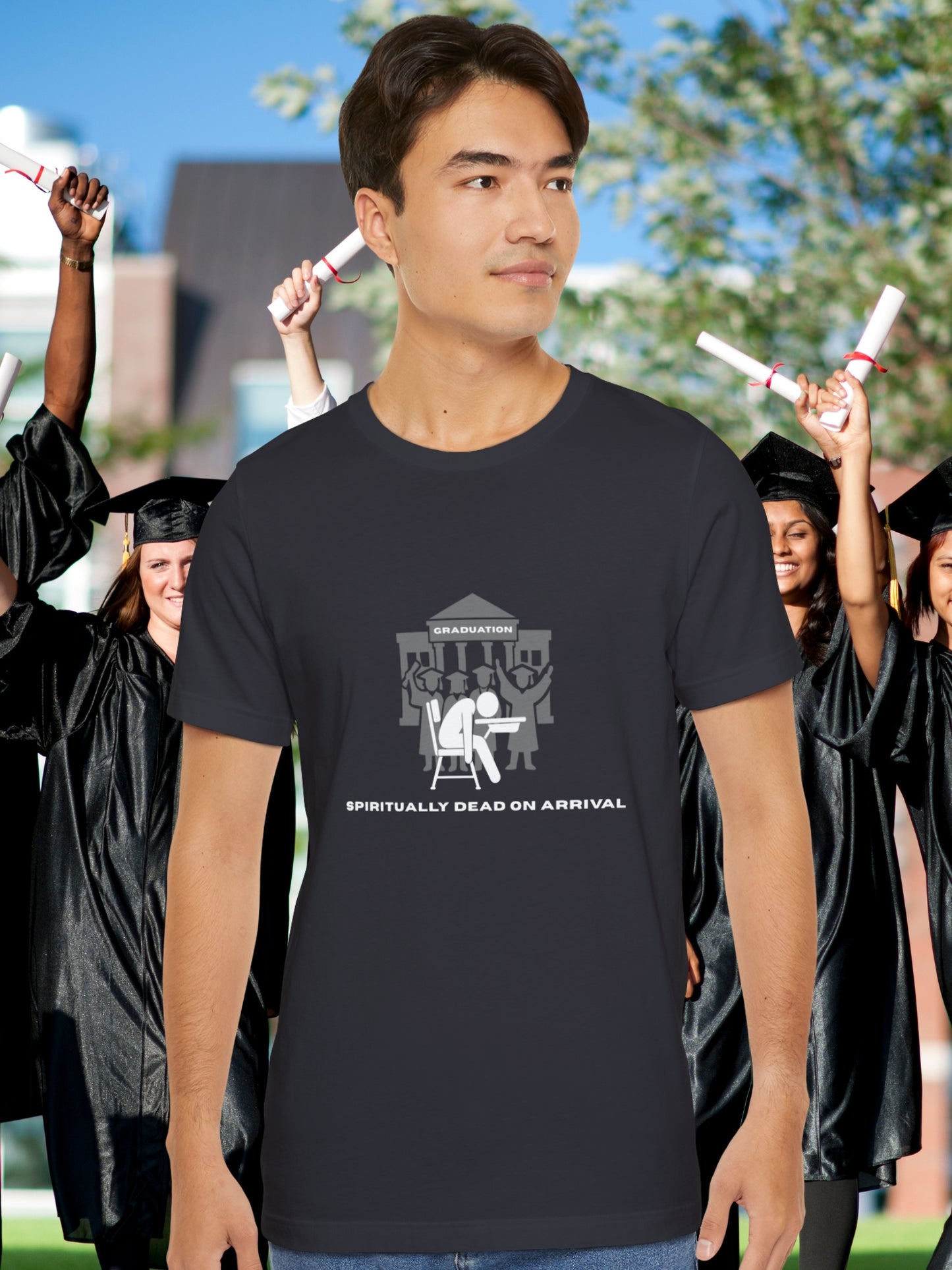 'Graduation, Spiritually Dead on Arrival' Unisex T-Shirt, Anti-School Apparel, Graduation Tee