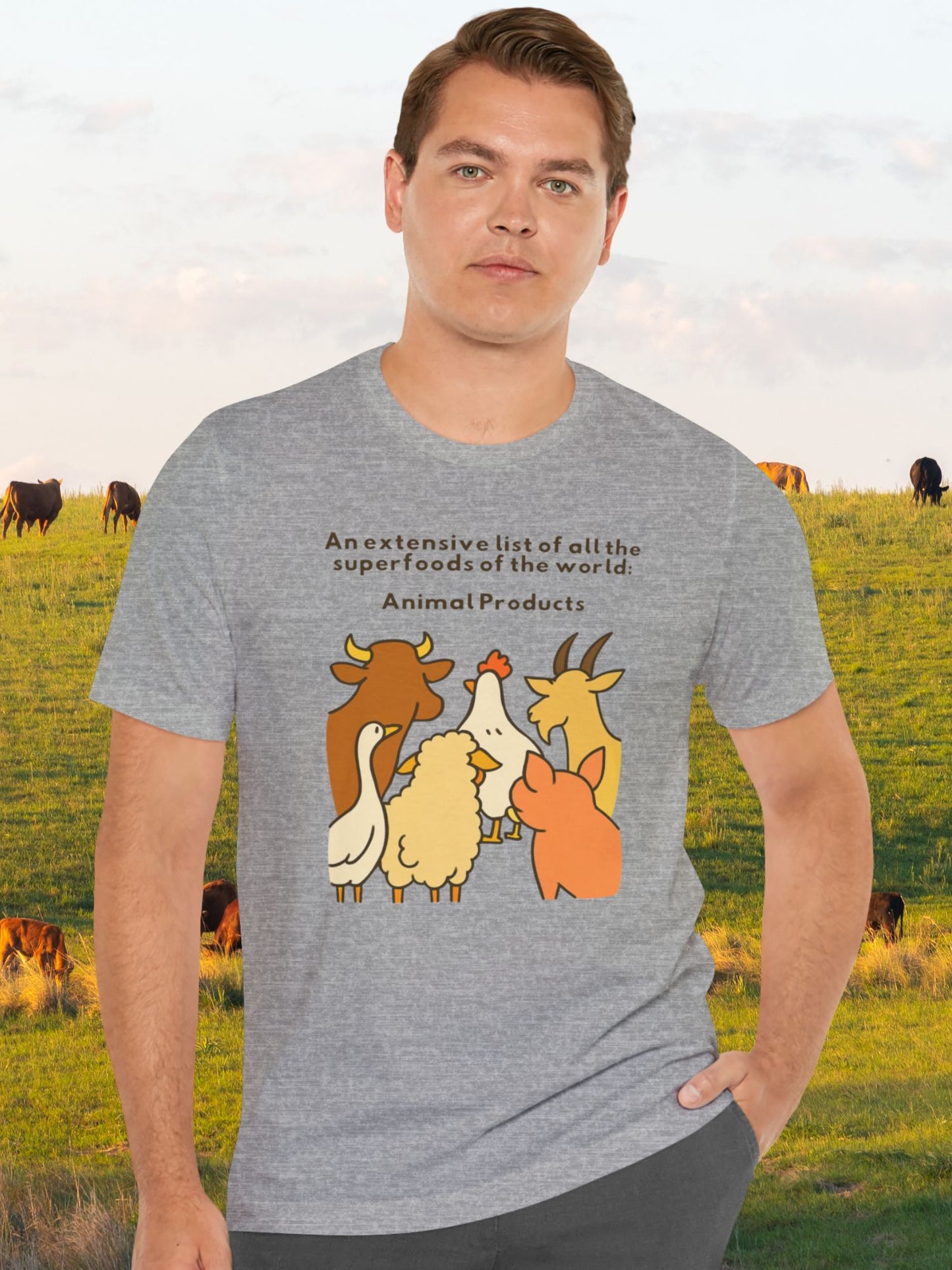 'An Extensive List of All the Superfoods of the World: Animal Products' Farm Animals Graphic Unisex T-Shirt, Superfoods Tee, Gifts for Animal Lovers, Carnivore Diet Apparel, Health and Wellness Shirt, Anti-Vegan Apparel