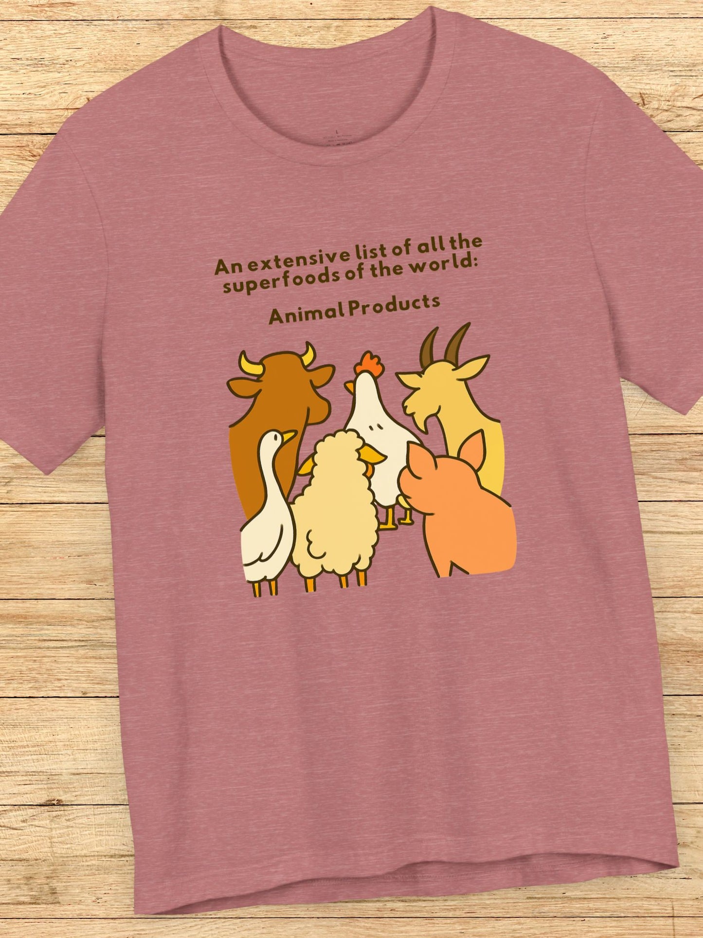 'An Extensive List of All the Superfoods of the World: Animal Products' Farm Animals Graphic Unisex T-Shirt, Superfoods Tee, Gifts for Animal Lovers, Carnivore Diet Apparel, Health and Wellness Shirt, Anti-Vegan Apparel