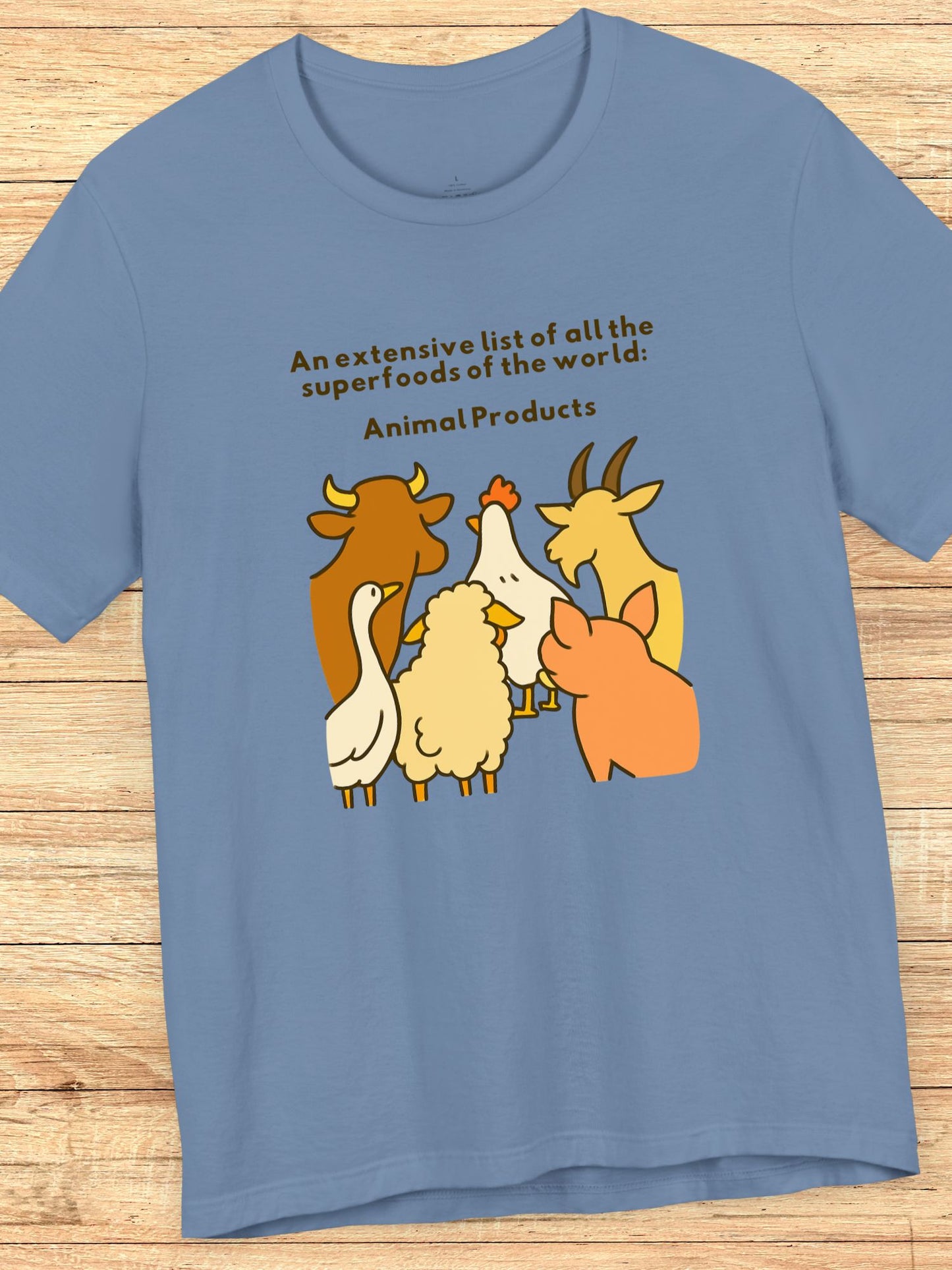 'An Extensive List of All the Superfoods of the World: Animal Products' Farm Animals Graphic Unisex T-Shirt, Superfoods Tee, Gifts for Animal Lovers, Carnivore Diet Apparel, Health and Wellness Shirt, Anti-Vegan Apparel