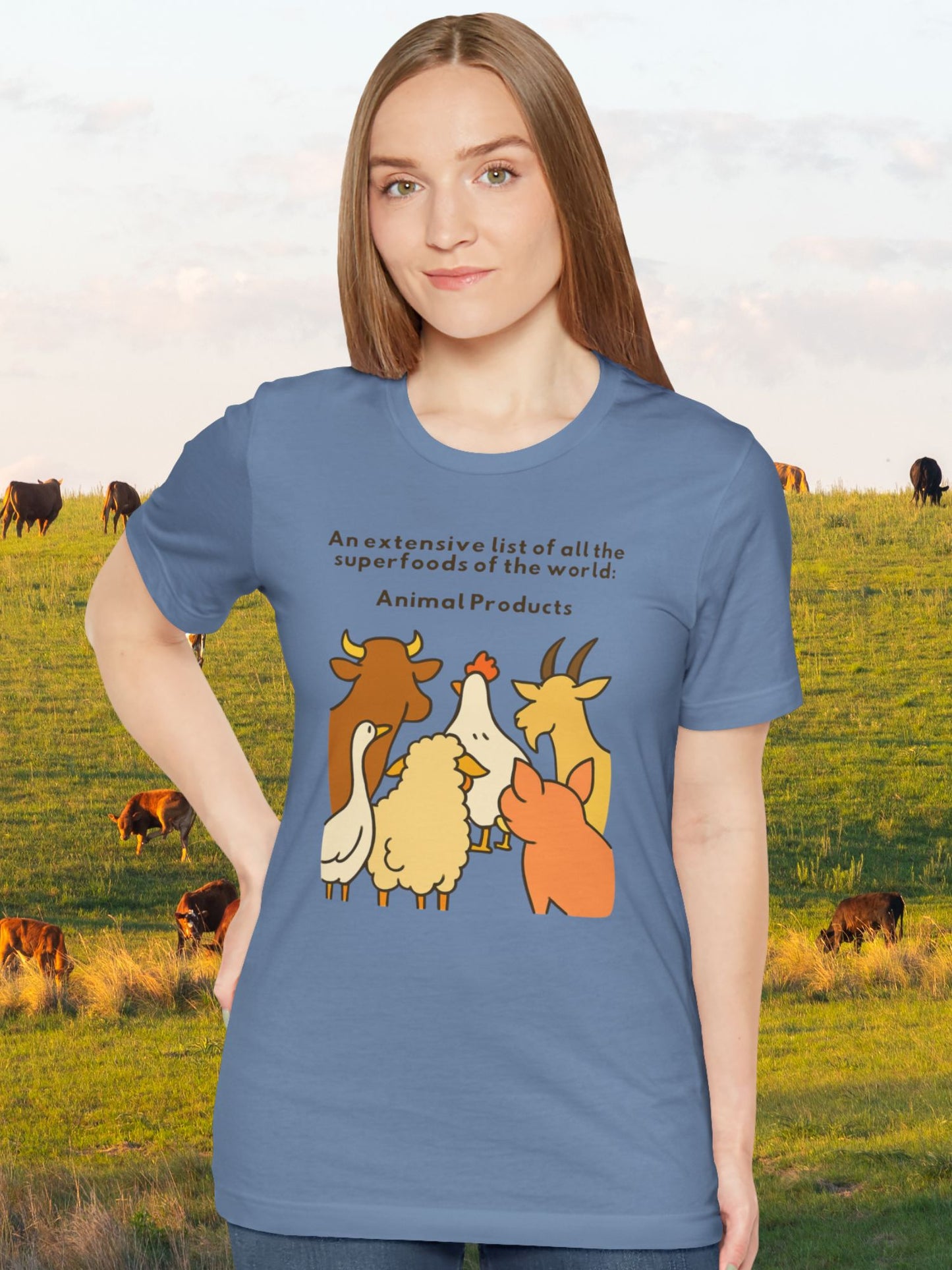 'An Extensive List of All the Superfoods of the World: Animal Products' Farm Animals Graphic Unisex T-Shirt, Superfoods Tee, Gifts for Animal Lovers, Carnivore Diet Apparel, Health and Wellness Shirt, Anti-Vegan Apparel