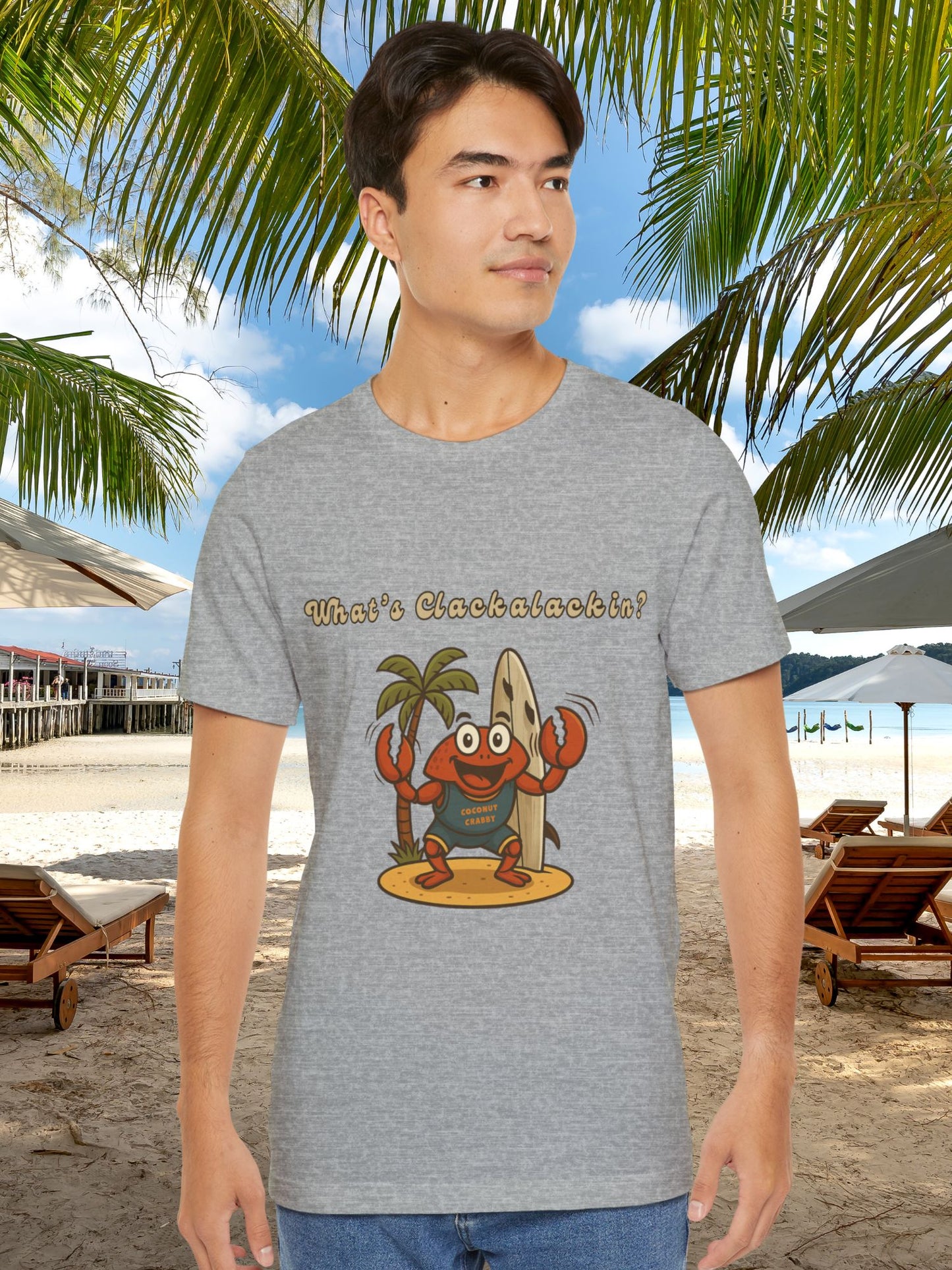 'What's Clackalackin?' Surfer Crab Unisex T-Shirt, Fun Beach Vibes, Perfect for Summer, Crab Lover's Gift, Casual Wear, Beach Party, Vacation, Surf wear