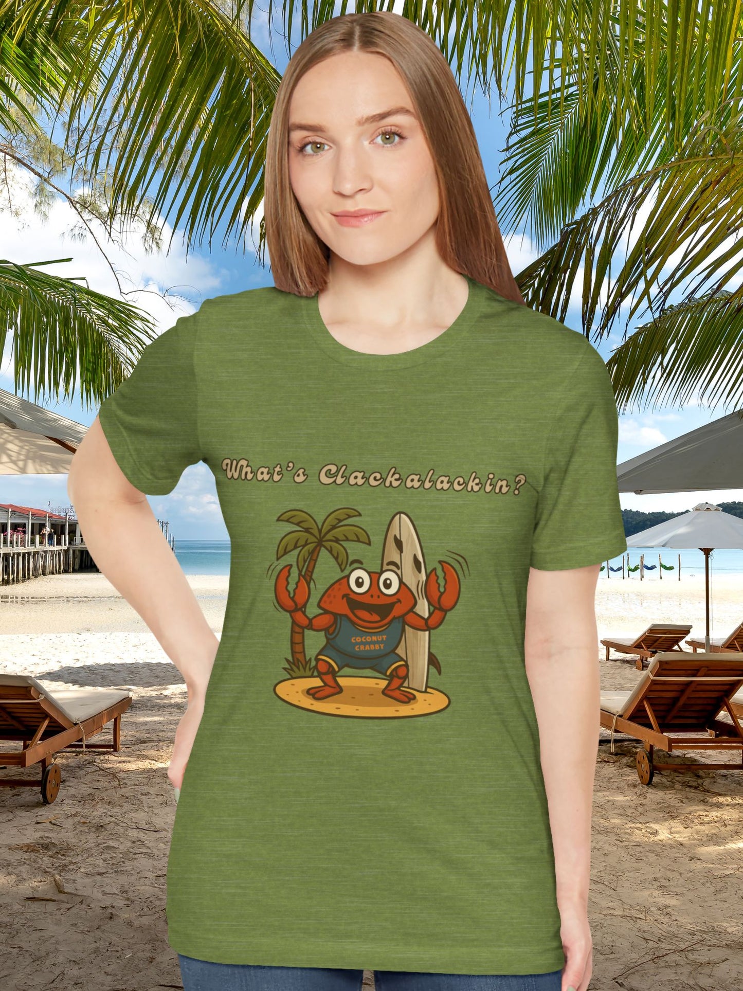 'What's Clackalackin?' Surfer Crab Unisex T-Shirt, Fun Beach Vibes, Perfect for Summer, Crab Lover's Gift, Casual Wear, Beach Party, Vacation, Surf wear