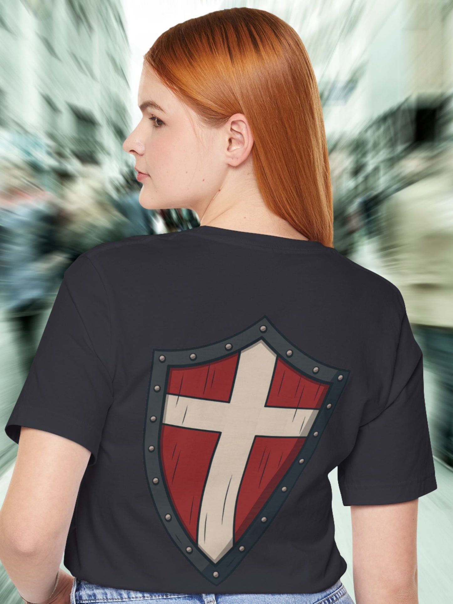 Shield Cross (Back) Graphic Unisex T-Shirt, Christian Apparel, Warrior