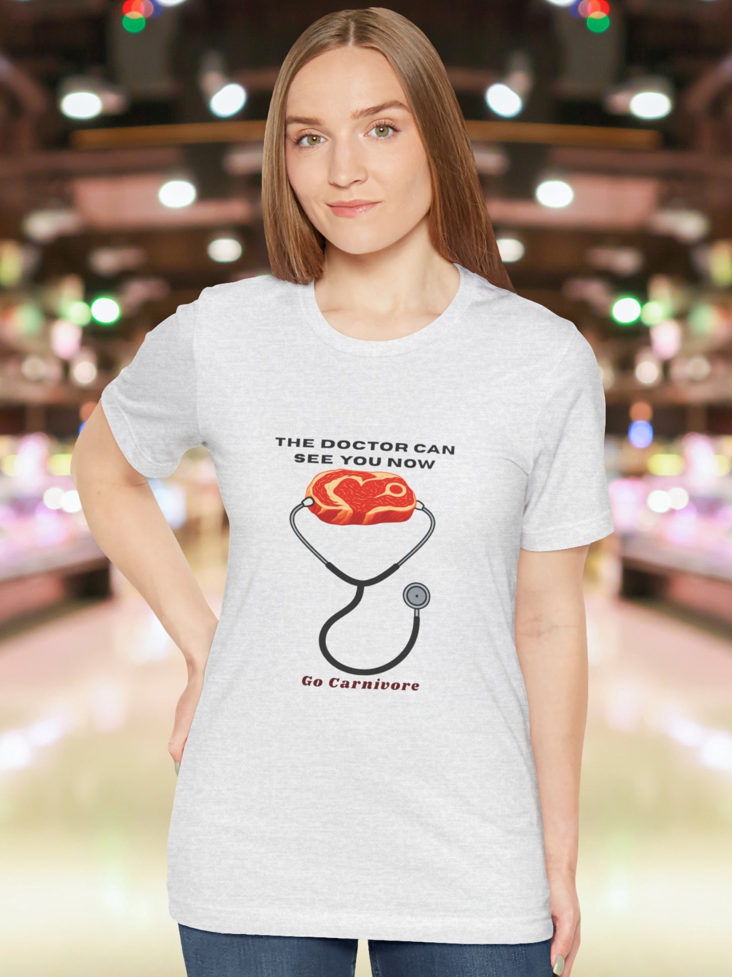 'The Doctor Can See You Now, Go Carnivore' Steak Wearing a Stethoscope Graphic Unisex T-Shirt, Health and Wellness, Carnivore Diet Apparel