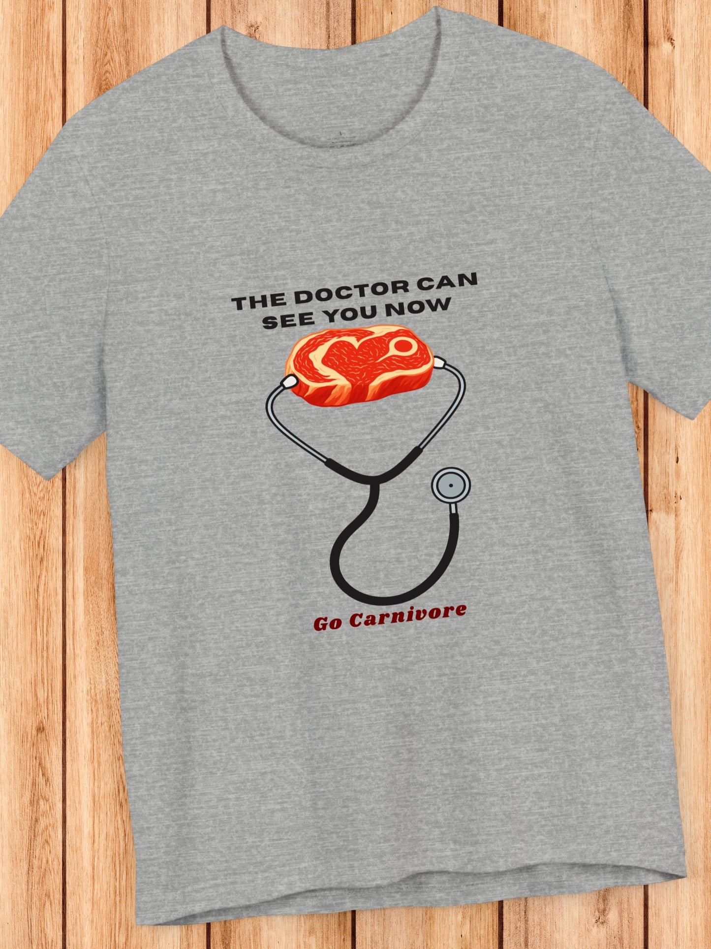 'The Doctor Can See You Now, Go Carnivore' Steak Wearing a Stethoscope Graphic Unisex T-Shirt, Health and Wellness, Carnivore Diet Apparel