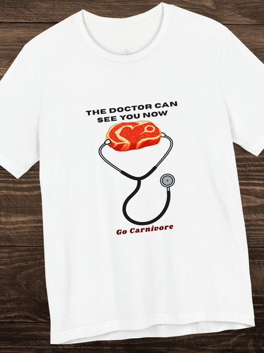 'The Doctor Can See You Now, Go Carnivore' Steak Wearing a Stethoscope Graphic Unisex T-Shirt, Health and Wellness, Carnivore Diet Apparel