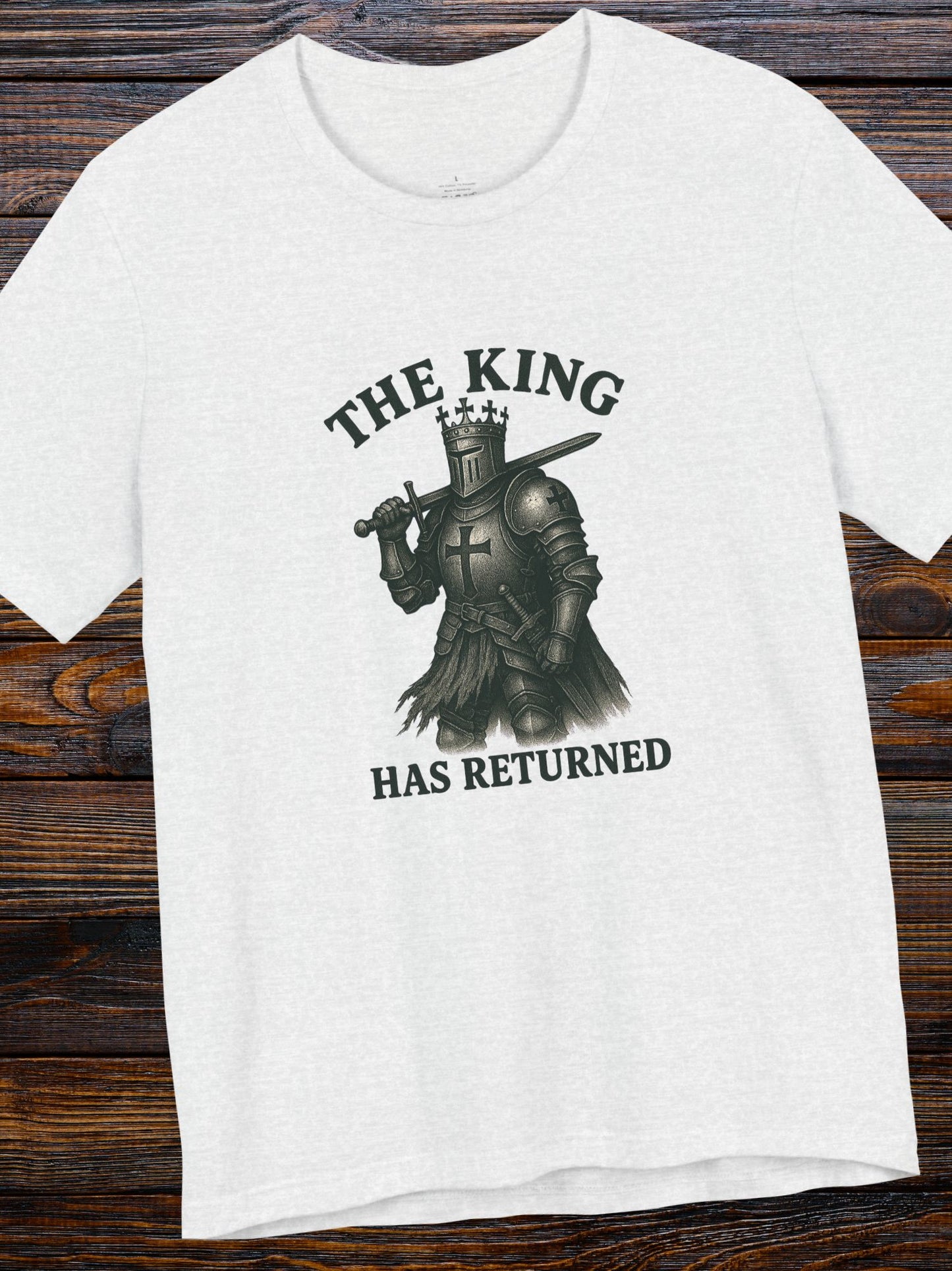 'The King Has Returned' Dark Colored Knight King Unisex T-Shirt, Crusader Tee, Christian Apparel