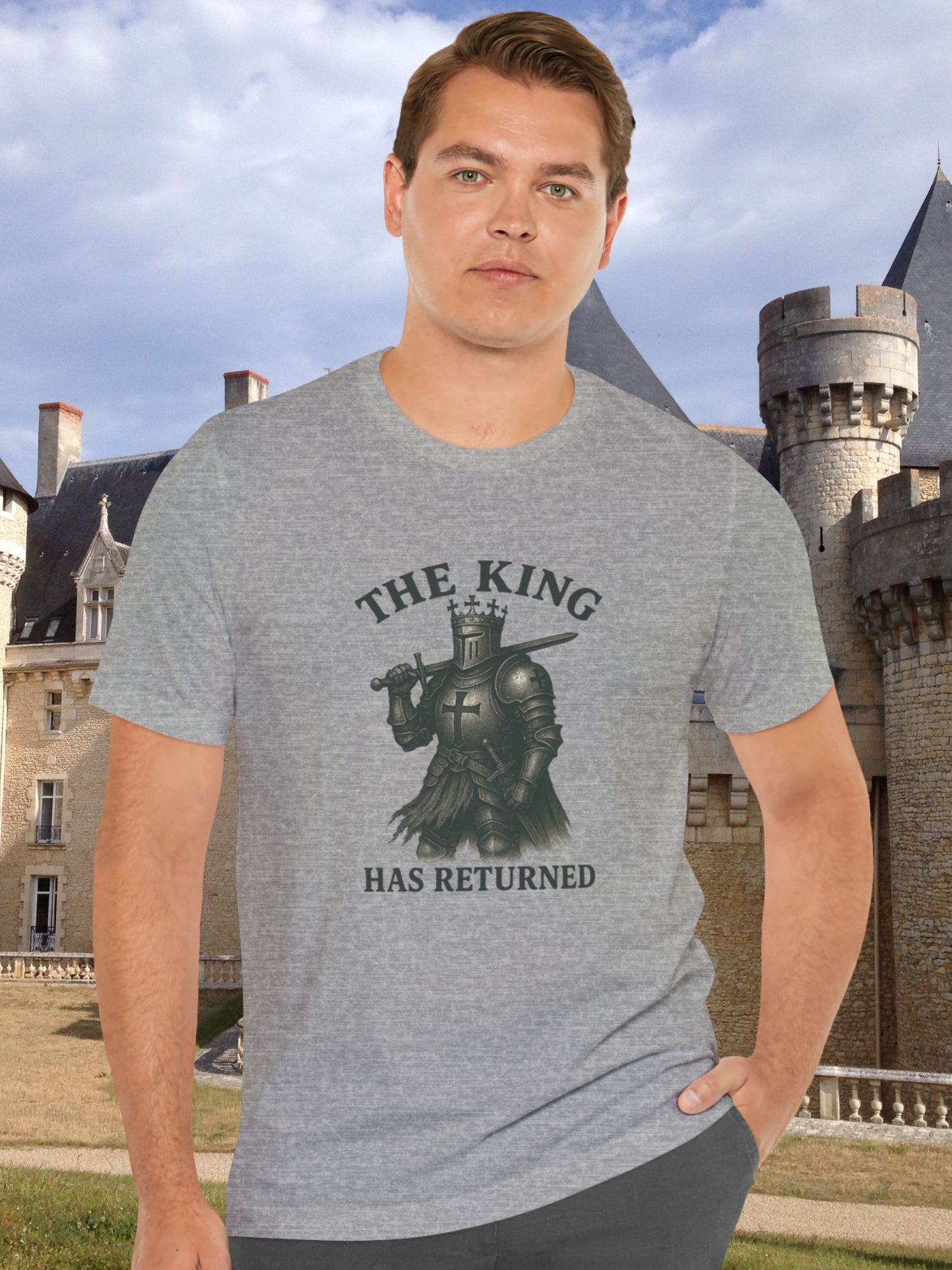 'The King Has Returned' Dark Colored Knight King Unisex T-Shirt, Crusader Tee, Christian Apparel