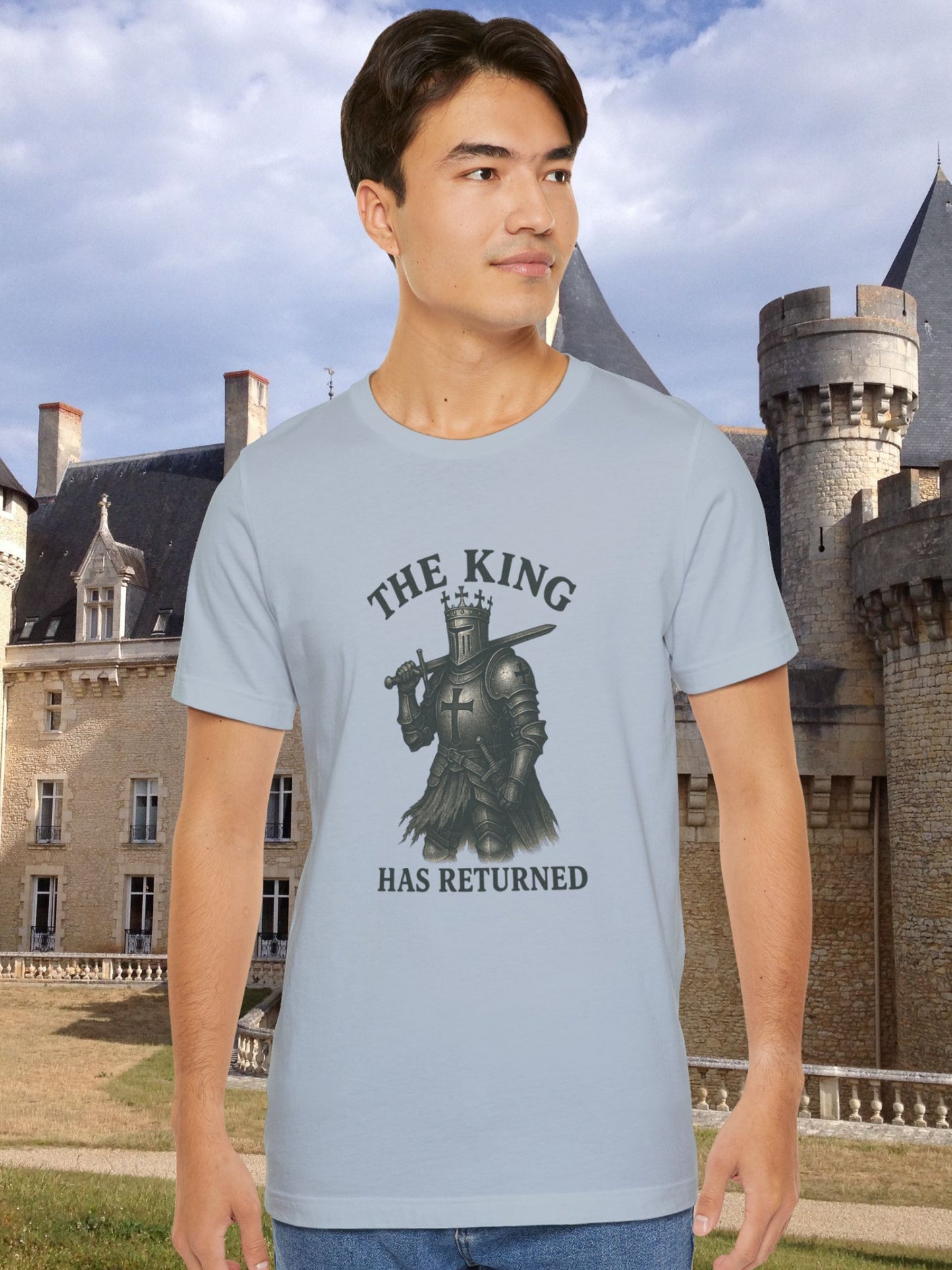 'The King Has Returned' Dark Colored Knight King Unisex T-Shirt, Crusader Tee, Christian Apparel
