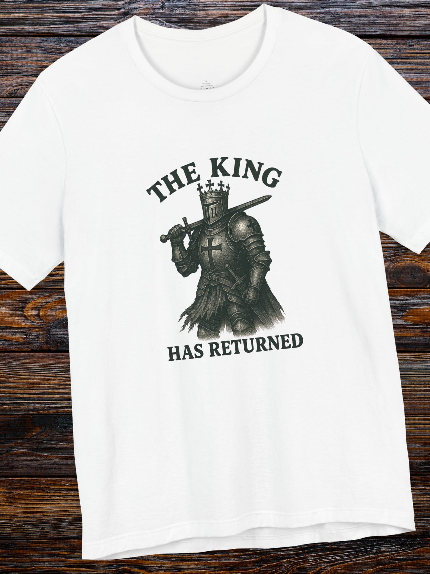 'The King Has Returned' Dark Colored Knight King Unisex T-Shirt, Crusader Tee, Christian Apparel
