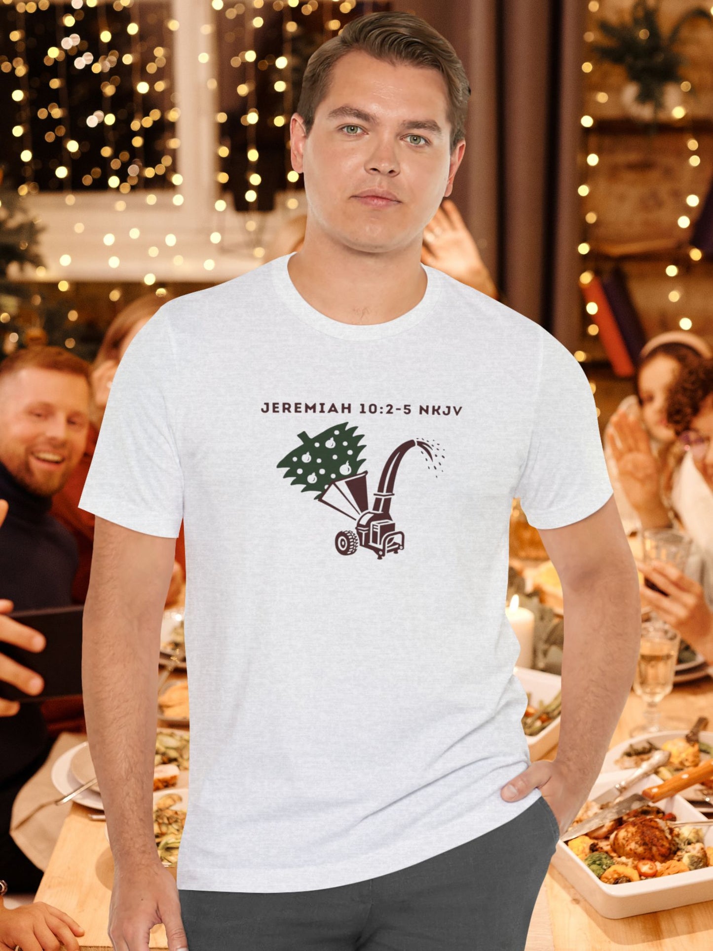 'Jeremiah 10:2-5 NKJV' Christmas Tree in a Wood Chipper Graphic Unisex T-Shirt, Educational Bible Verse, Christmas Tee