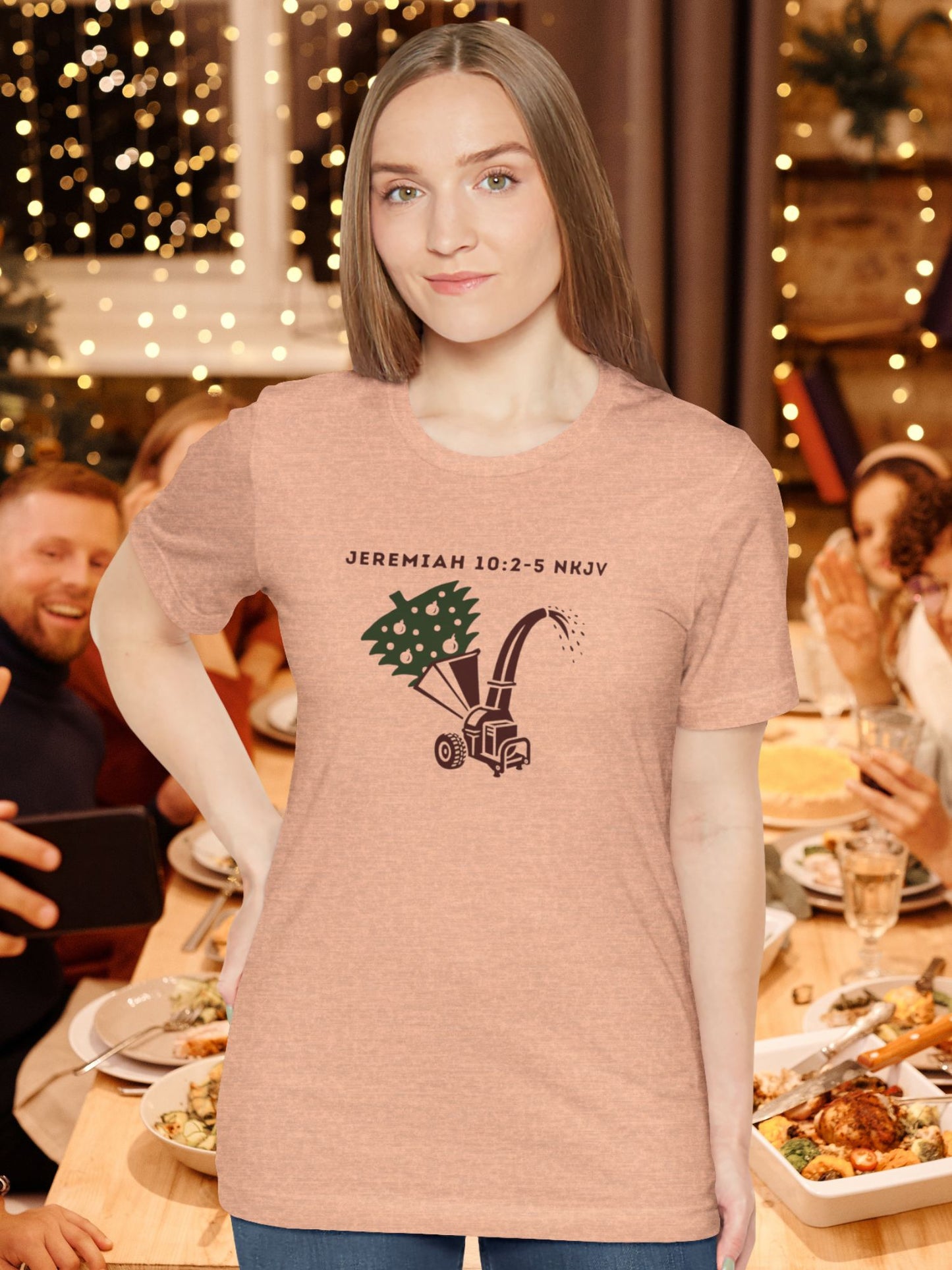 'Jeremiah 10:2-5 NKJV' Christmas Tree in a Wood Chipper Graphic Unisex T-Shirt, Educational Bible Verse, Christmas Tee