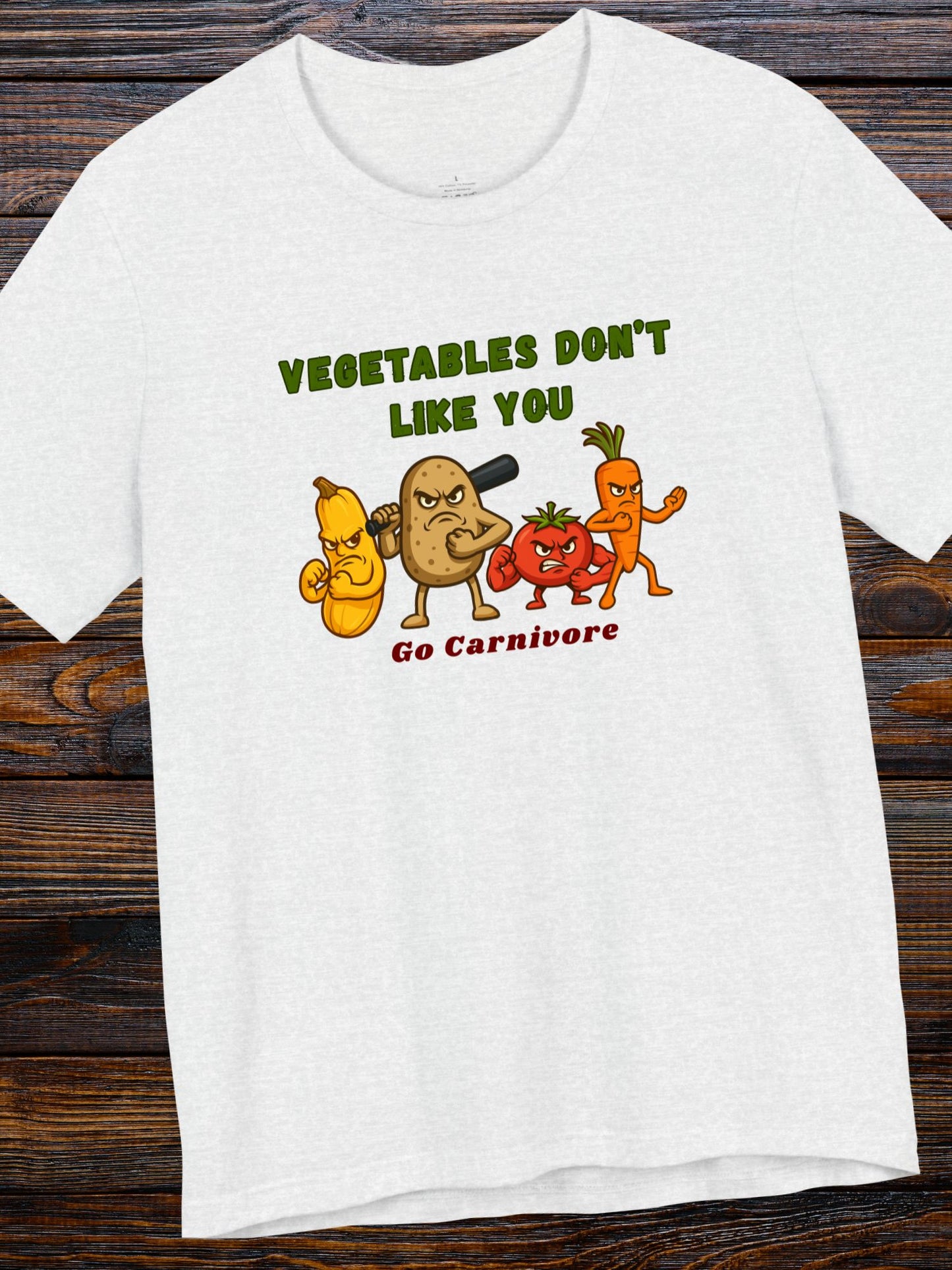 'Vegetables Don't Like You, Go Carnivore' Tough Vegetable Gang Graphic Unisex T-Shirt, Carnivore Diet Apparel, Anti-Vegan Wear