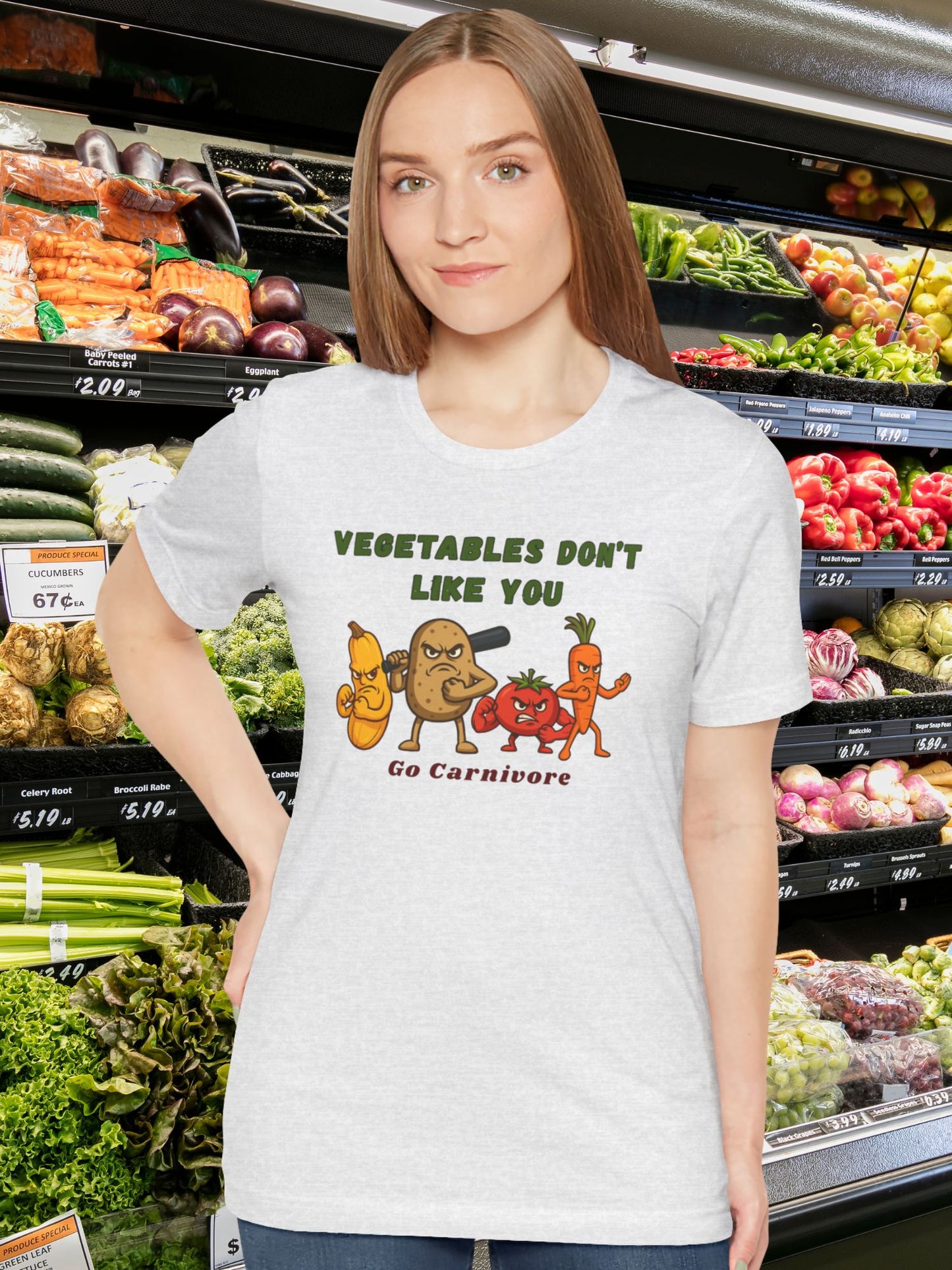 'Vegetables Don't Like You, Go Carnivore' Tough Vegetable Gang Graphic Unisex T-Shirt, Carnivore Diet Apparel, Anti-Vegan Wear