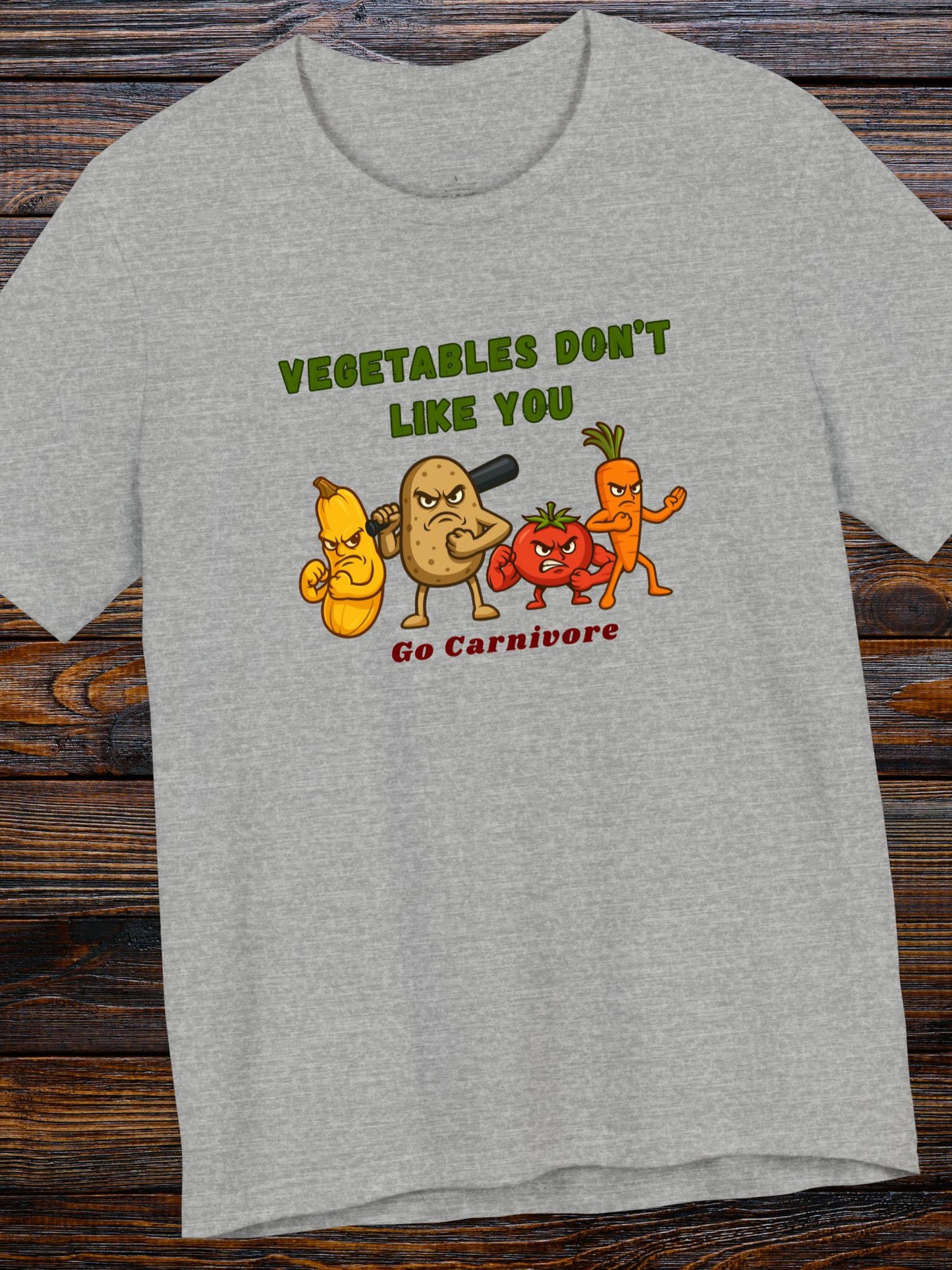 'Vegetables Don't Like You, Go Carnivore' Tough Vegetable Gang Graphic Unisex T-Shirt, Carnivore Diet Apparel, Anti-Vegan Wear