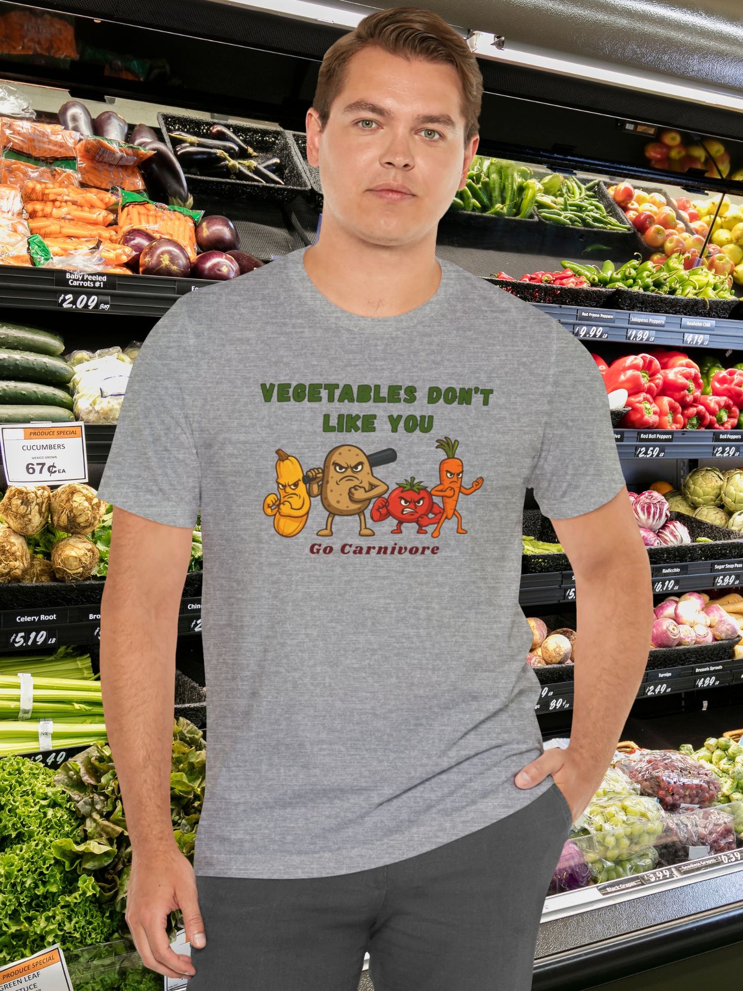 'Vegetables Don't Like You, Go Carnivore' Tough Vegetable Gang Graphic Unisex T-Shirt, Carnivore Diet Apparel, Anti-Vegan Wear