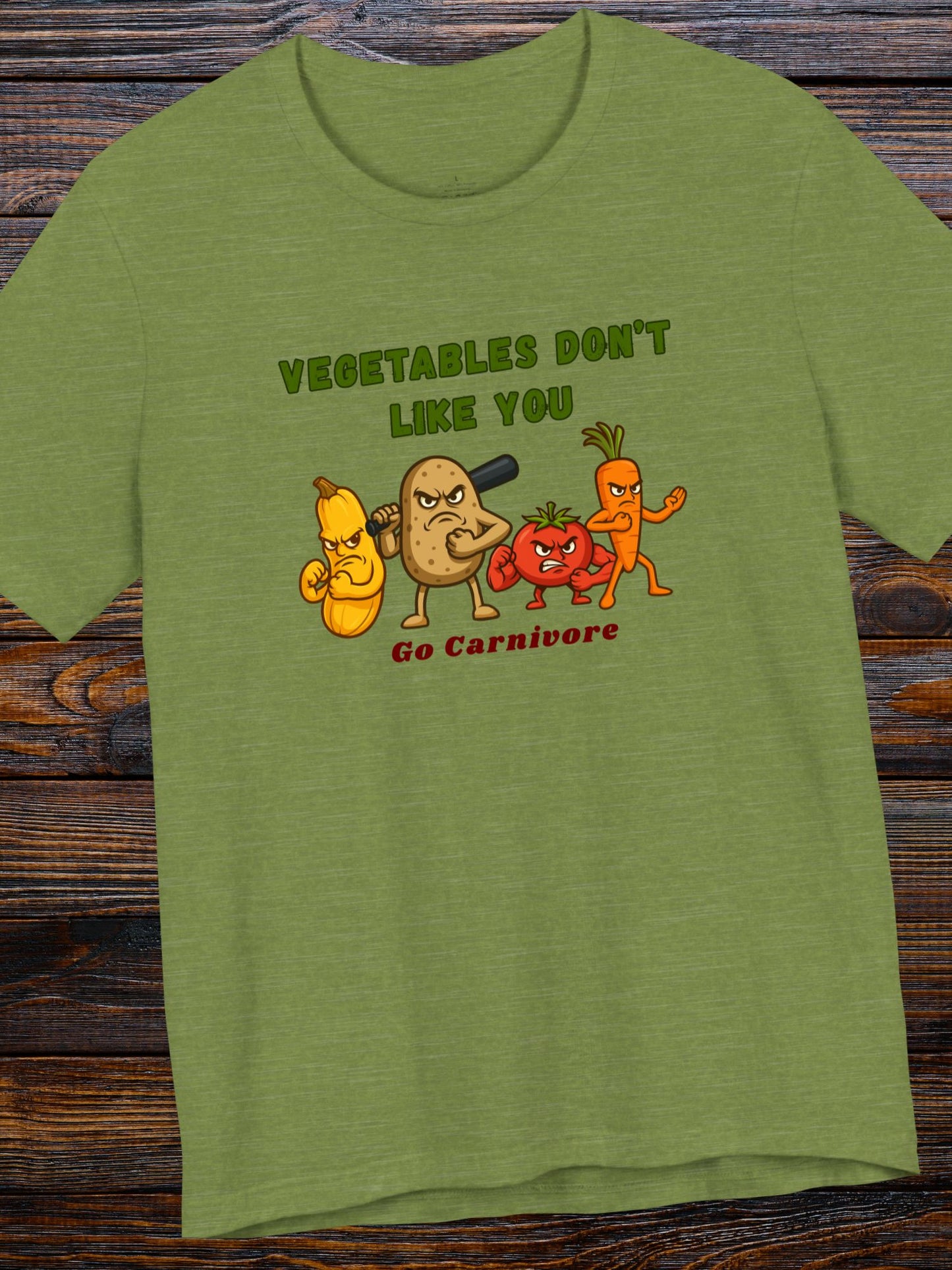 'Vegetables Don't Like You, Go Carnivore' Tough Vegetable Gang Graphic Unisex T-Shirt, Carnivore Diet Apparel, Anti-Vegan Wear