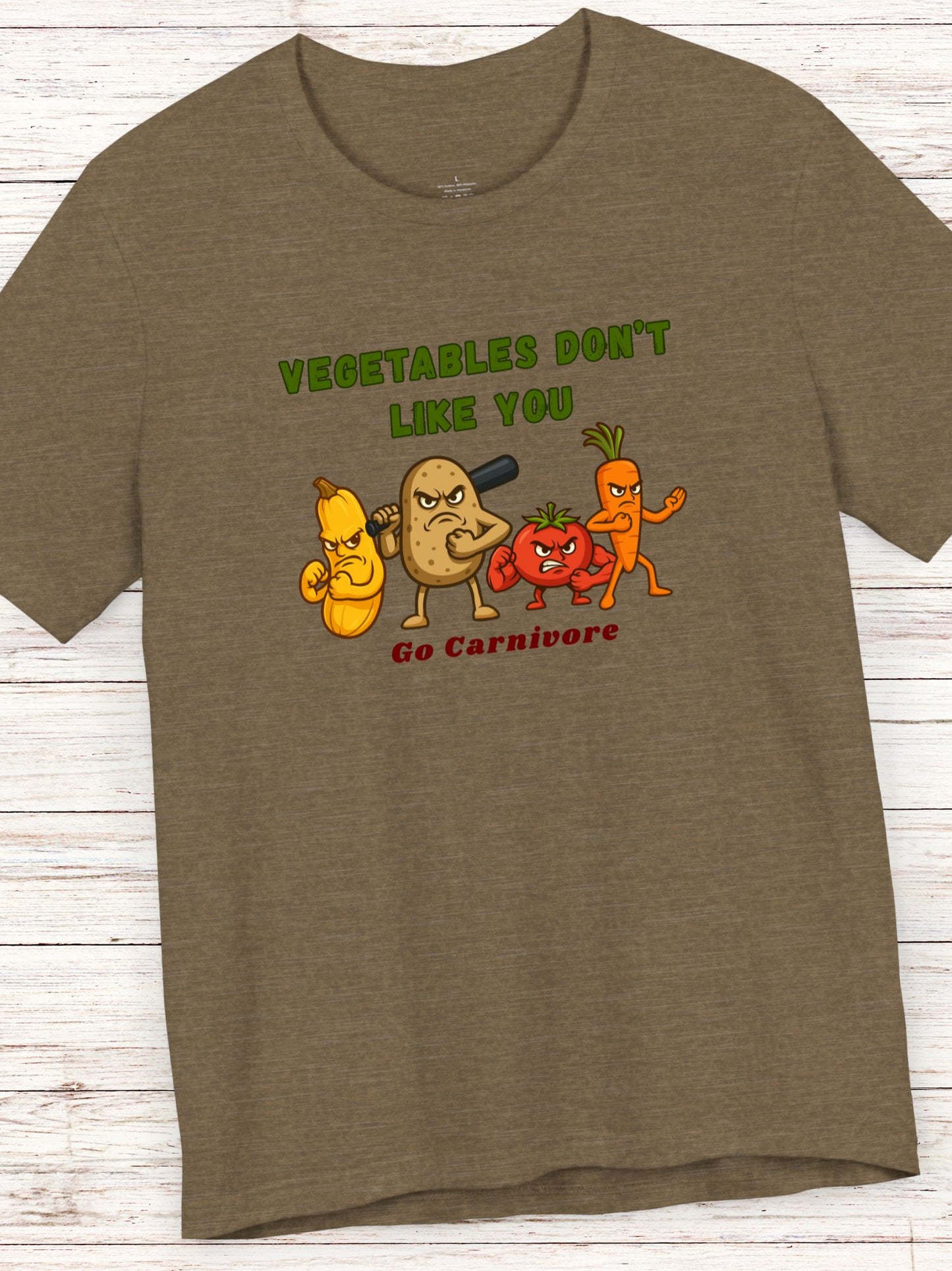 'Vegetables Don't Like You, Go Carnivore' Tough Vegetable Gang Graphic Unisex T-Shirt, Carnivore Diet Apparel, Anti-Vegan Wear