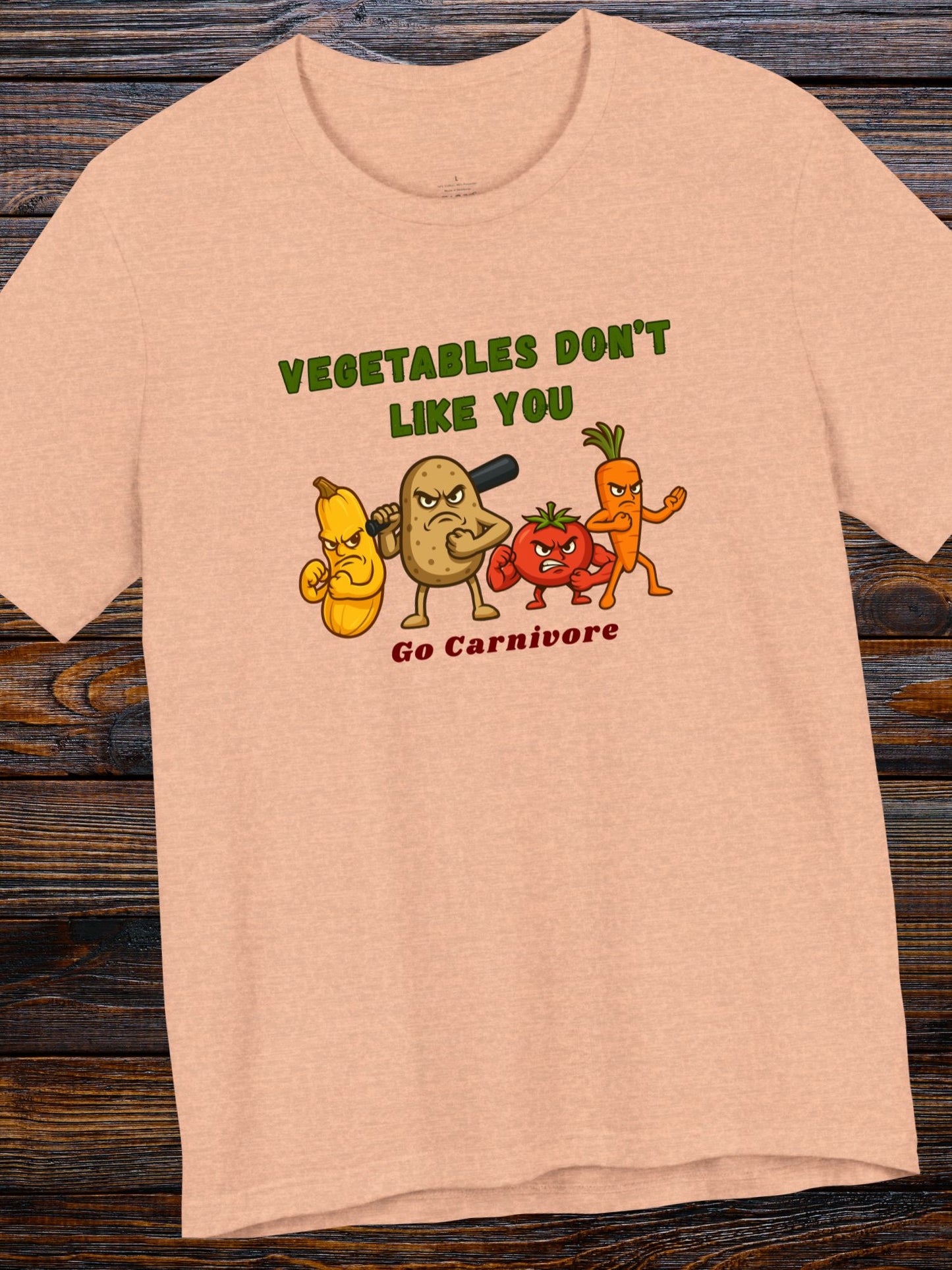 'Vegetables Don't Like You, Go Carnivore' Tough Vegetable Gang Graphic Unisex T-Shirt, Carnivore Diet Apparel, Anti-Vegan Wear