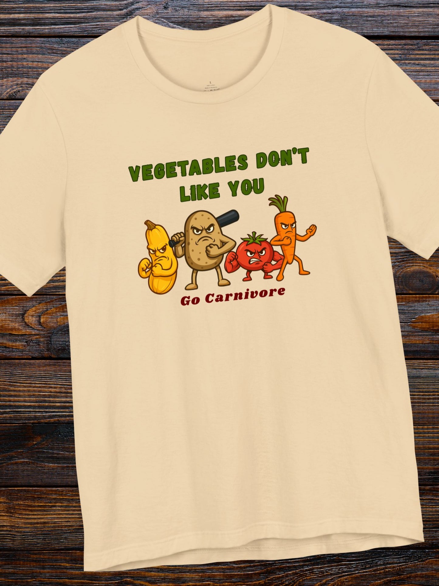 'Vegetables Don't Like You, Go Carnivore' Tough Vegetable Gang Graphic Unisex T-Shirt, Carnivore Diet Apparel, Anti-Vegan Wear