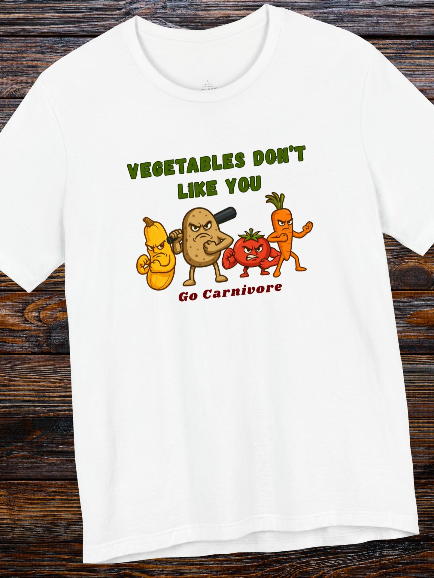 'Vegetables Don't Like You, Go Carnivore' Tough Vegetable Gang Graphic Unisex T-Shirt, Carnivore Diet Apparel, Anti-Vegan Wear