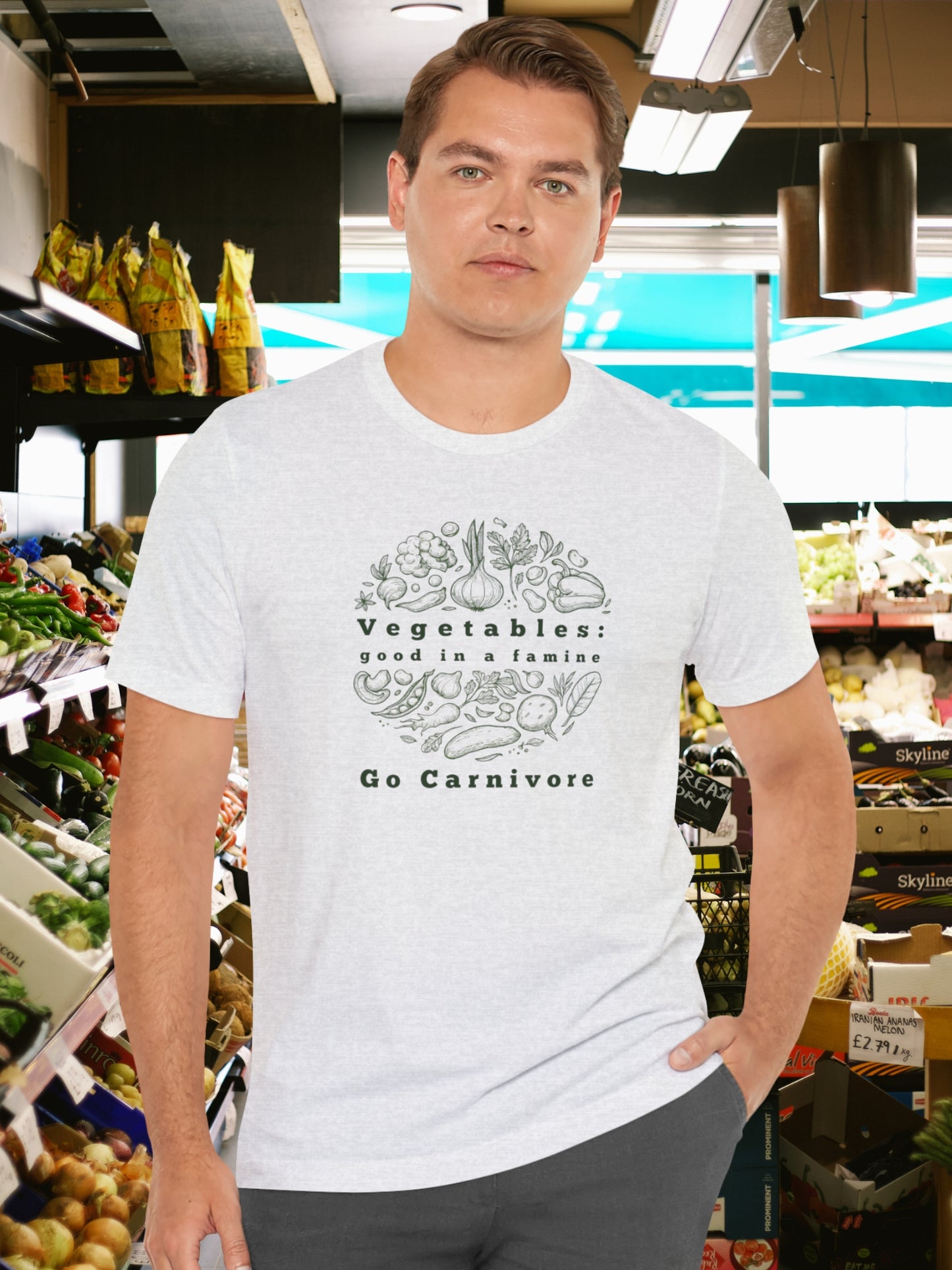 'Vegetables: Good in a Famine, Go Carnivore' Unisex T-Shirt, Anti-Vegetable Tee, Gifts for Carnivores, Carnivore Diet Apparel, Health and Wellness T-Shirt