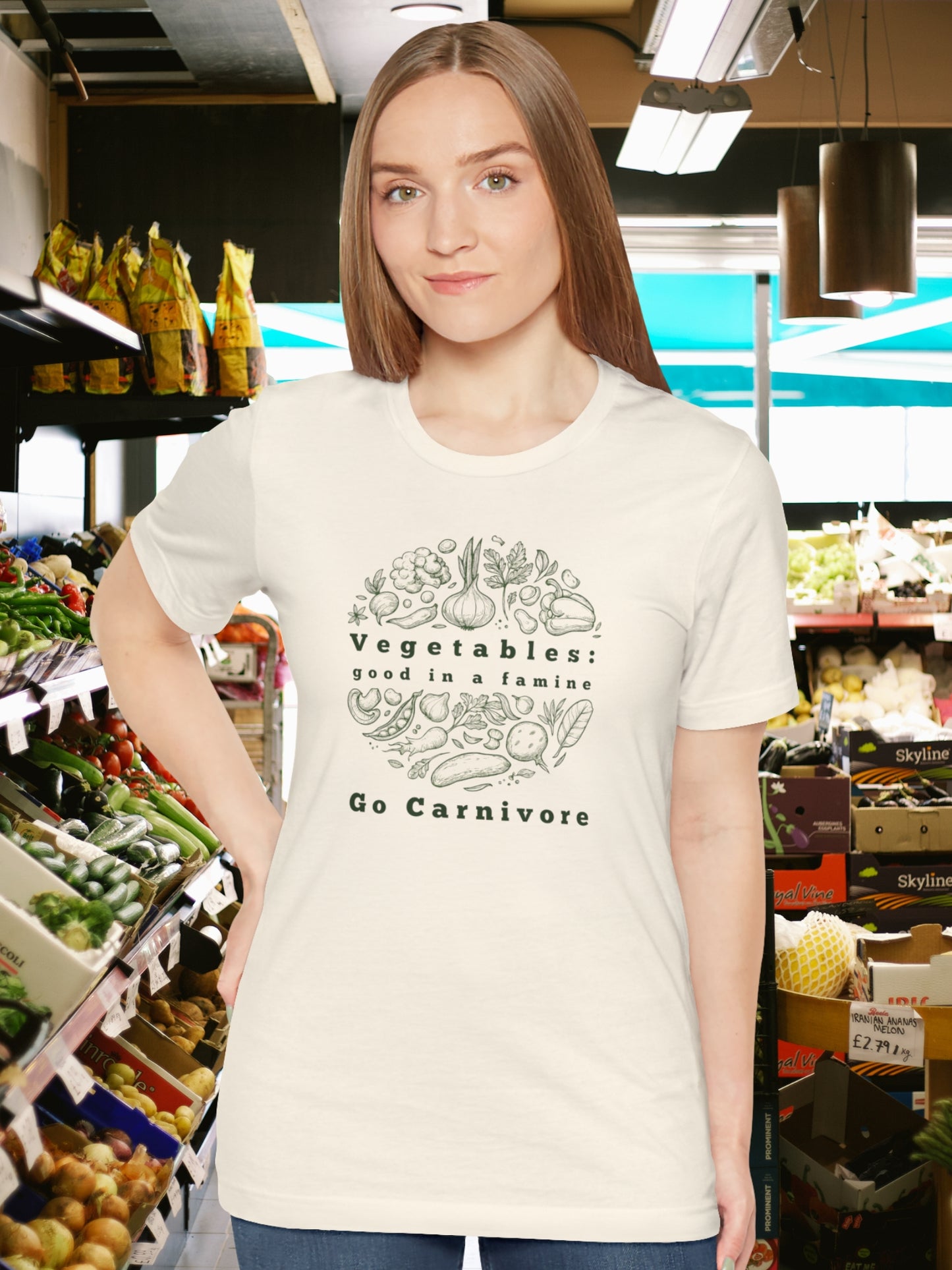 'Vegetables: Good in a Famine, Go Carnivore' Unisex T-Shirt, Anti-Vegetable Tee, Gifts for Carnivores, Carnivore Diet Apparel, Health and Wellness T-Shirt