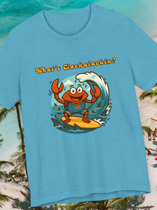 'What's Clackalackin?' Surfing Crab Unisex T-Shirt, Funny Short Sleeve Shirt for Beach Lovers, Summer Vibes, Surfing Outfit, Vacation Wear, Coconut Crabby Tee
