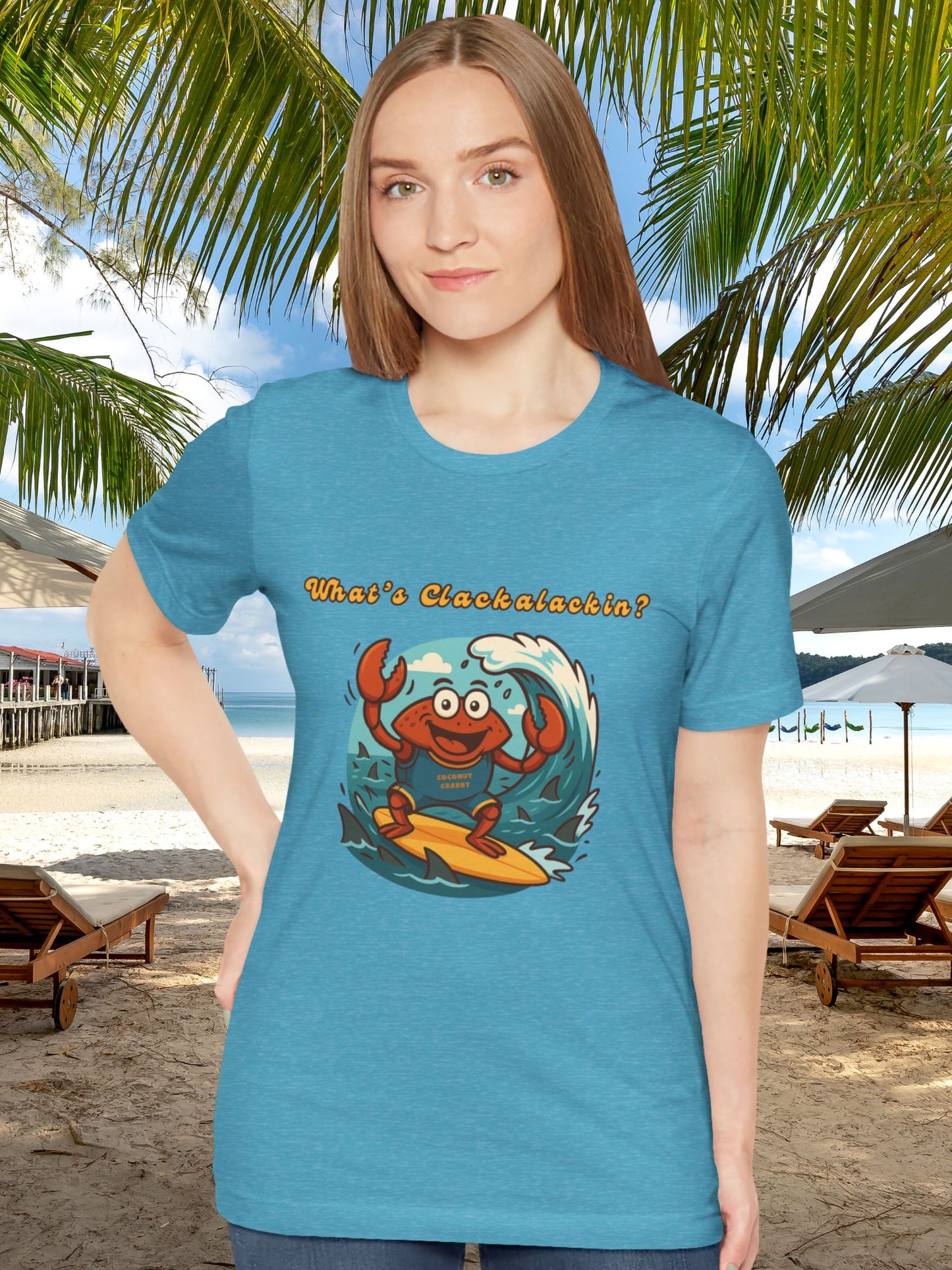 'What's Clackalackin?' Surfing Crab Unisex T-Shirt, Funny Short Sleeve Shirt for Beach Lovers, Summer Vibes, Surfing Outfit, Vacation Wear, Coconut Crabby Tee