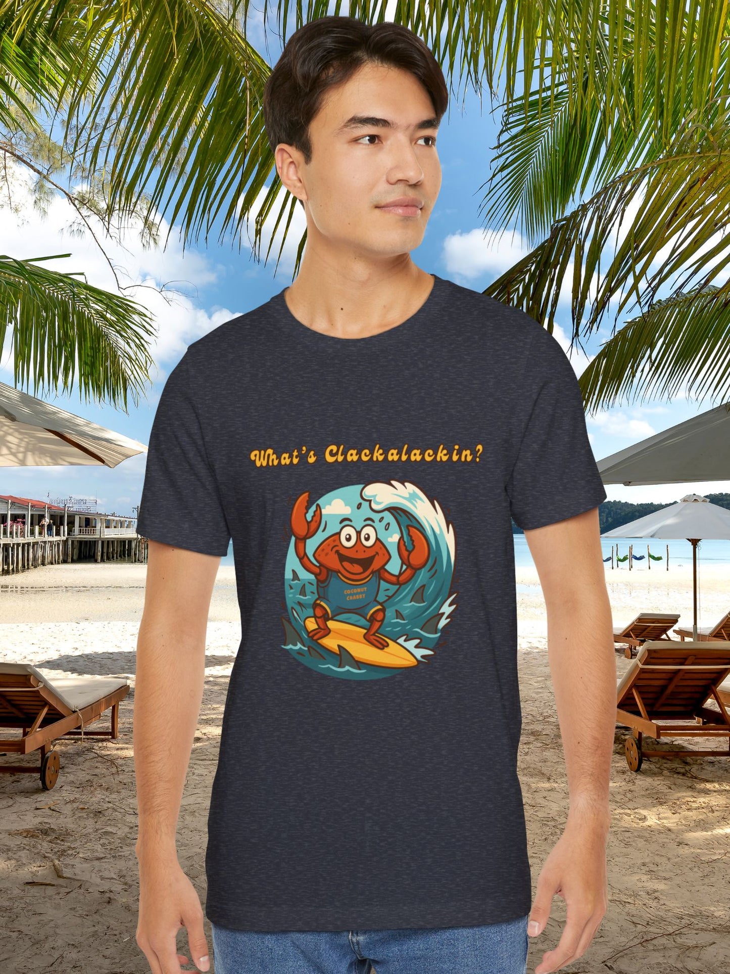 'What's Clackalackin?' Surfing Crab Unisex T-Shirt, Funny Short Sleeve Shirt for Beach Lovers, Summer Vibes, Surfing Outfit, Vacation Wear, Coconut Crabby Tee
