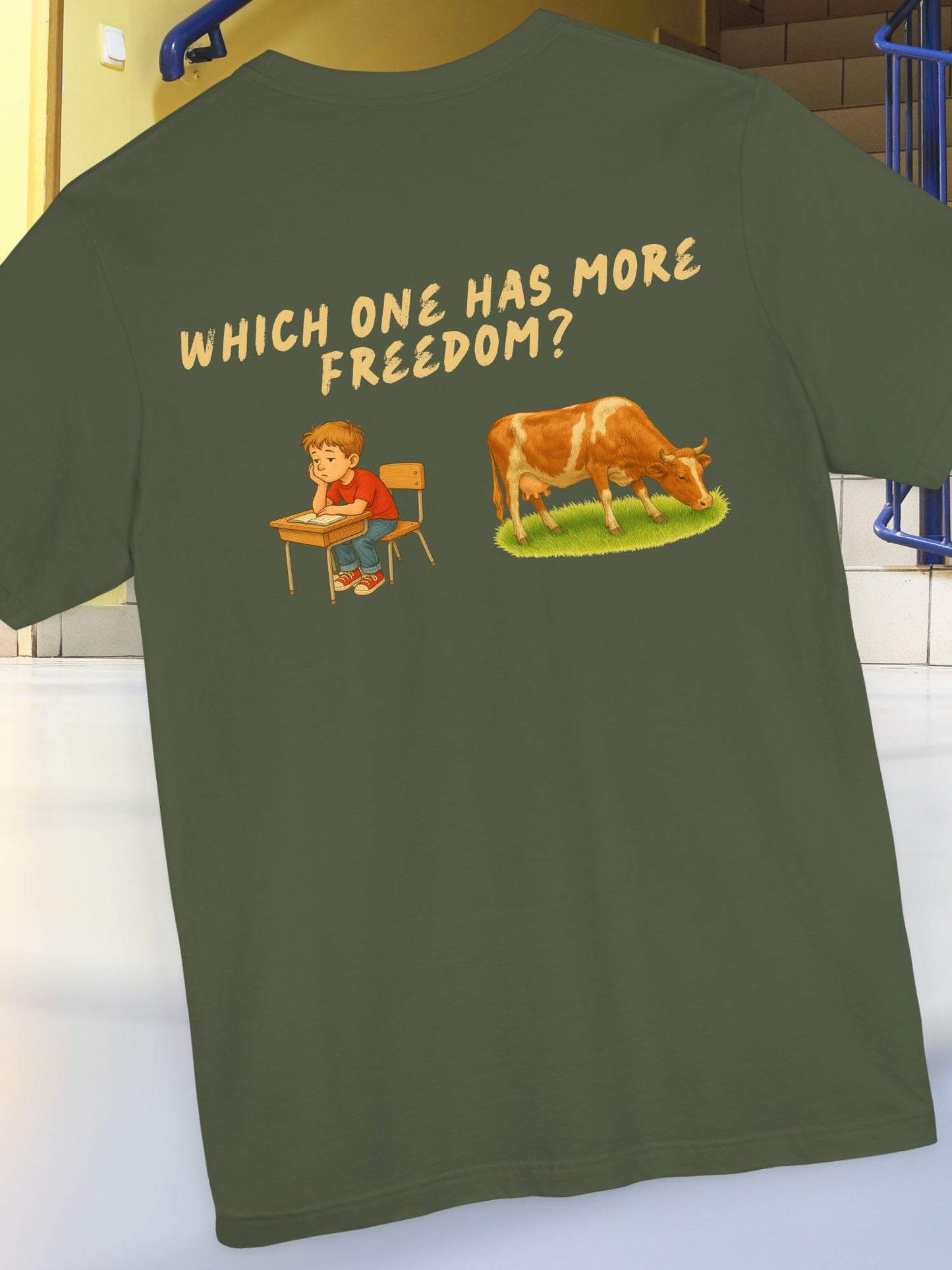 'Which One Has More Freedom?' School Children or Livestock Graphic Unisex T-Shirt
