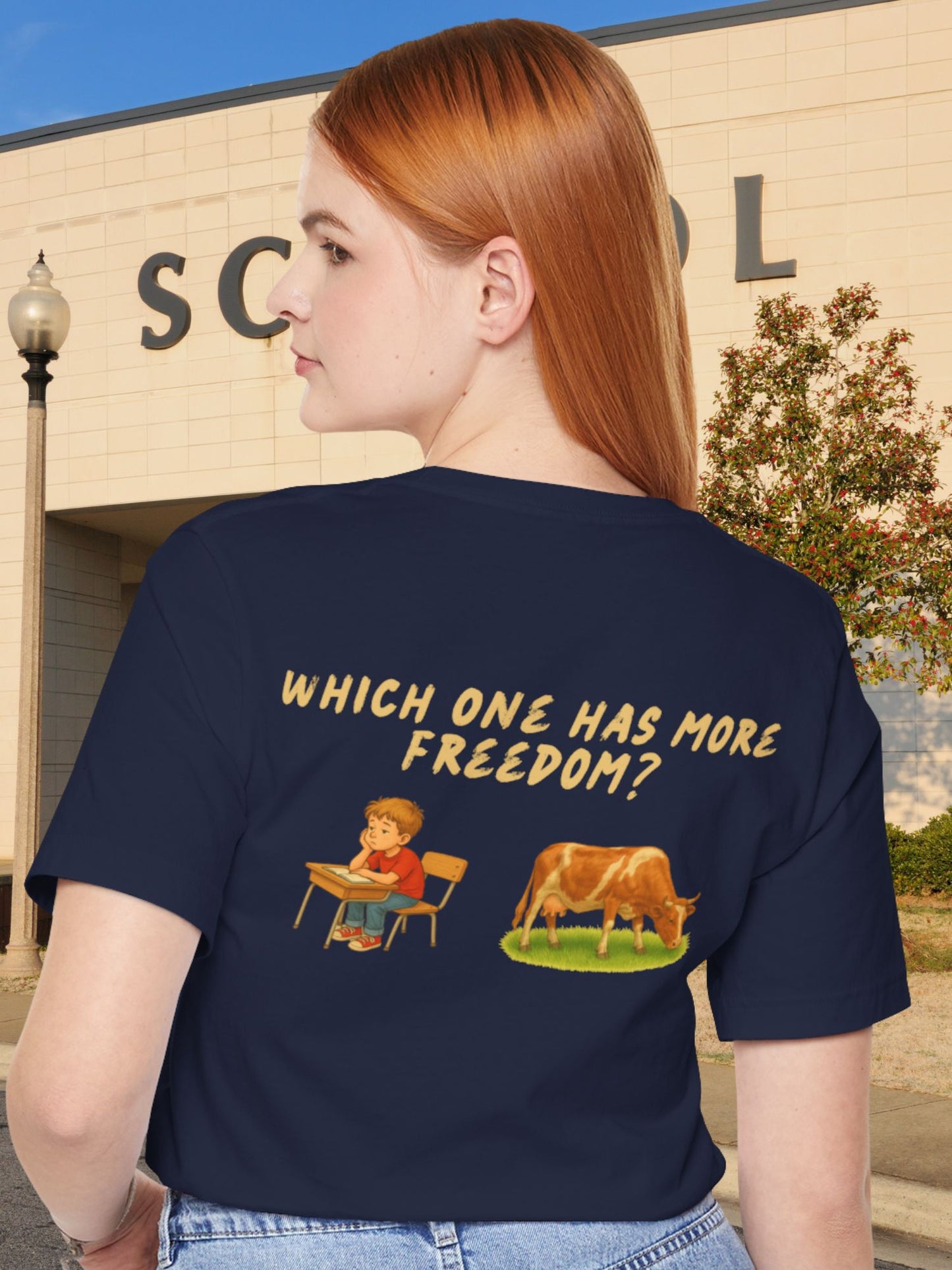 'Which One Has More Freedom?' School Children or Livestock Graphic Unisex T-Shirt