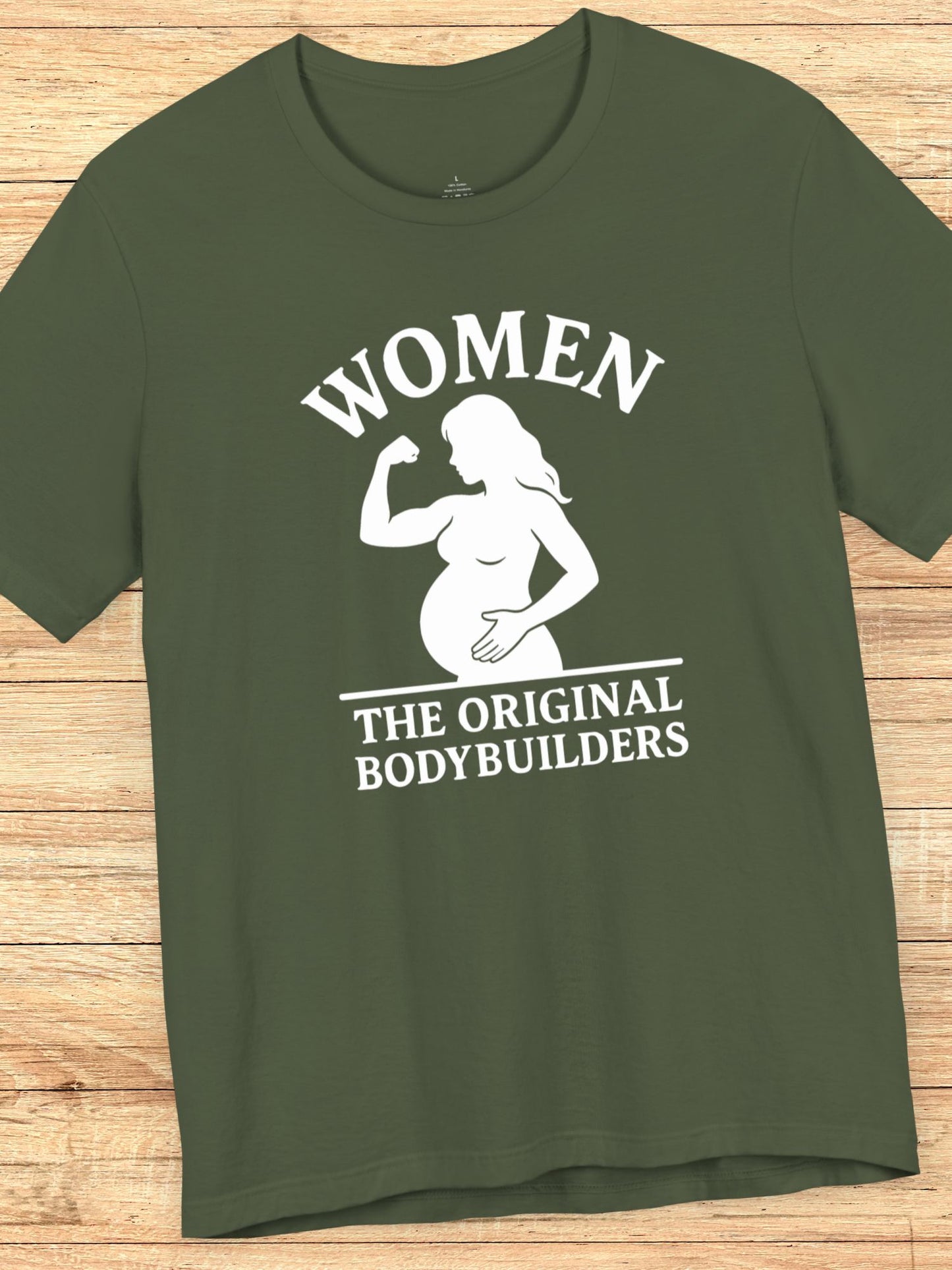 'Women, The Original Bodybuilders' Pregnant Woman Flexing Graphic Unisex T-Shirt, Pregnant Women's Apparel, Strong Women's Tee