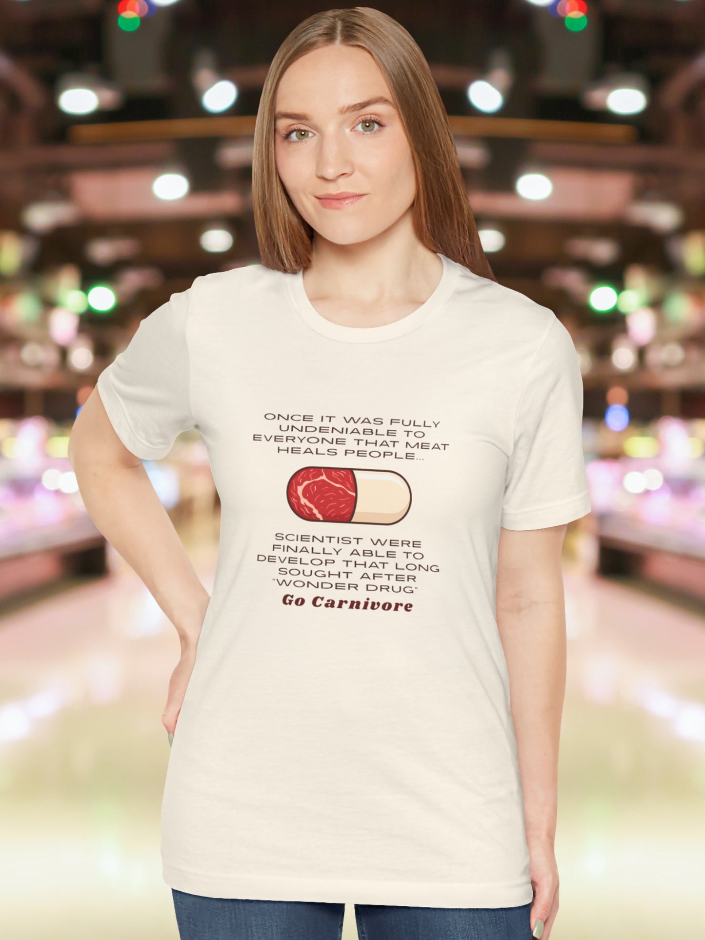 Meat "Wonder Drug", 'Go Carnivore' Pill Made of Meat Graphic Unisex T-Shirt, Health and Wellness, Carnivore Diet Apparel