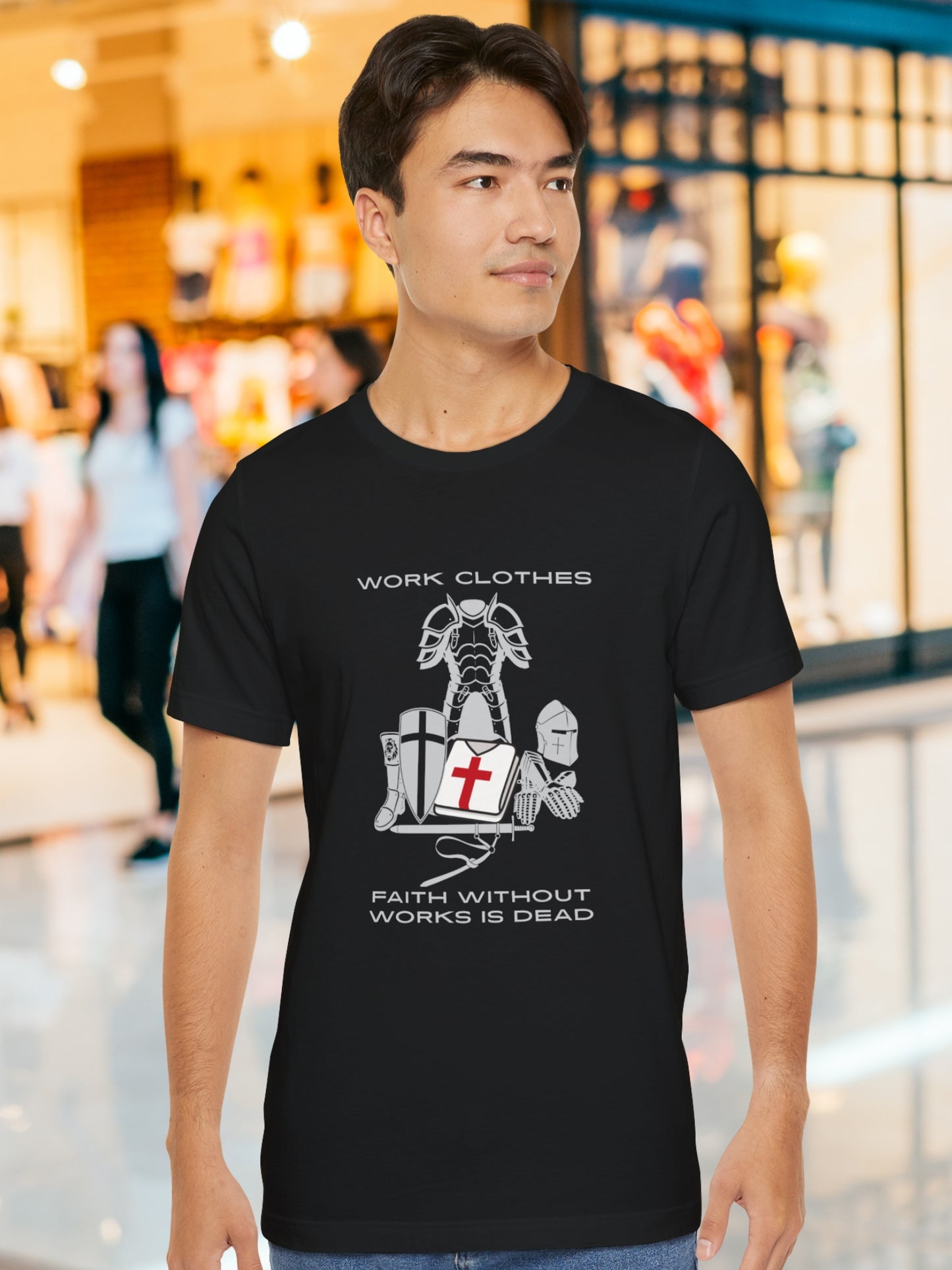 'Work Clothes, Faith without Works is Dead' Knights Armour Graphic Unisex T-Shirt, Christian Apparel, Faith and Works Tee, Crusader