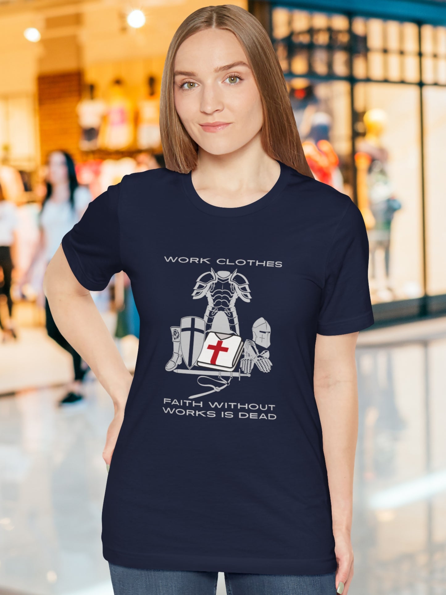 'Work Clothes, Faith without Works is Dead' Knights Armour Graphic Unisex T-Shirt, Christian Apparel, Faith and Works Tee, Crusader