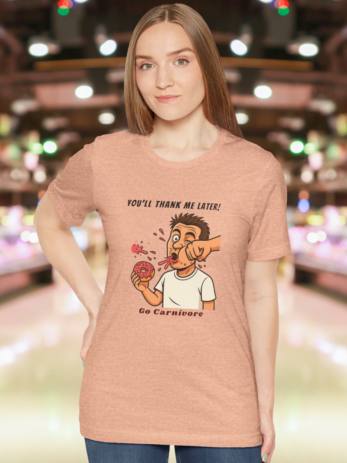 'You'll Thank Me Later! Go Carnivore' Guy Punched in the Face While Eating a Donut Graphic Unisex T-Shirt, Humorous Carnivore Diet Apparel, Health and Wellness