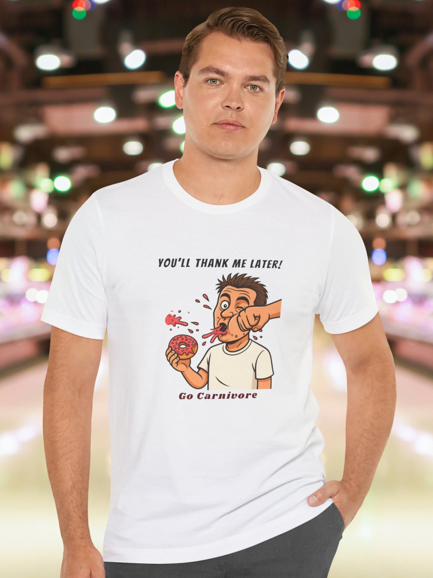 'You'll Thank Me Later! Go Carnivore' Guy Punched in the Face While Eating a Donut Graphic Unisex T-Shirt, Humorous Carnivore Diet Apparel, Health and Wellness